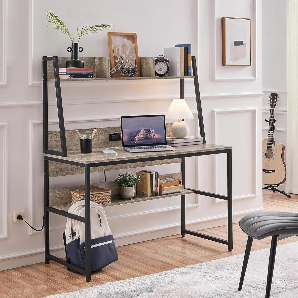 47-Inch Gray Desk With USB Ports And Power Outlets