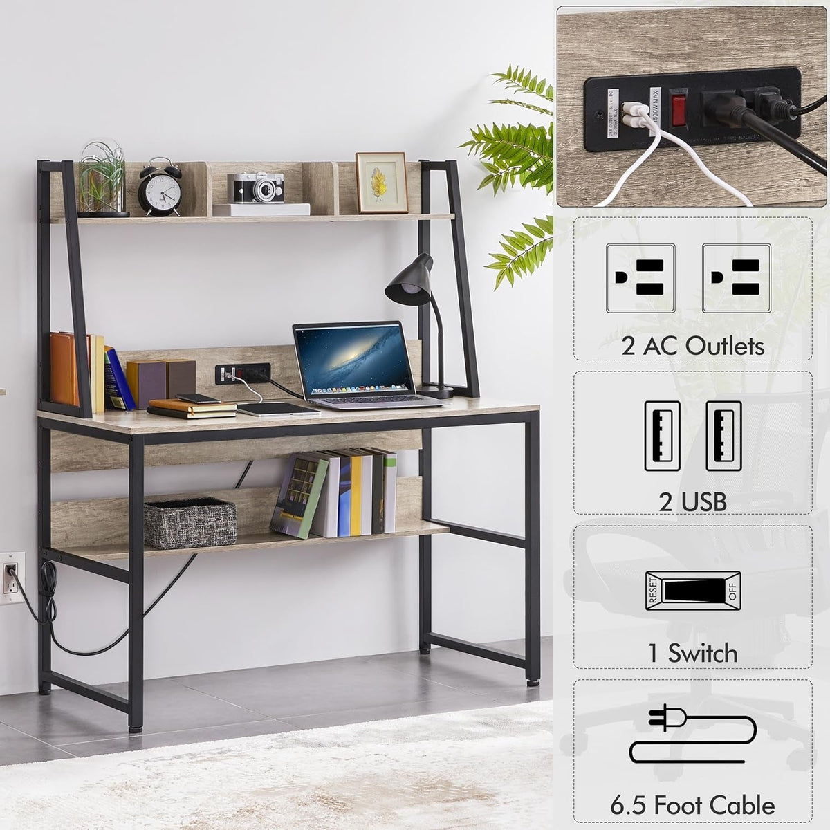 47-Inch Gray Desk With USB Ports And Power Outlets