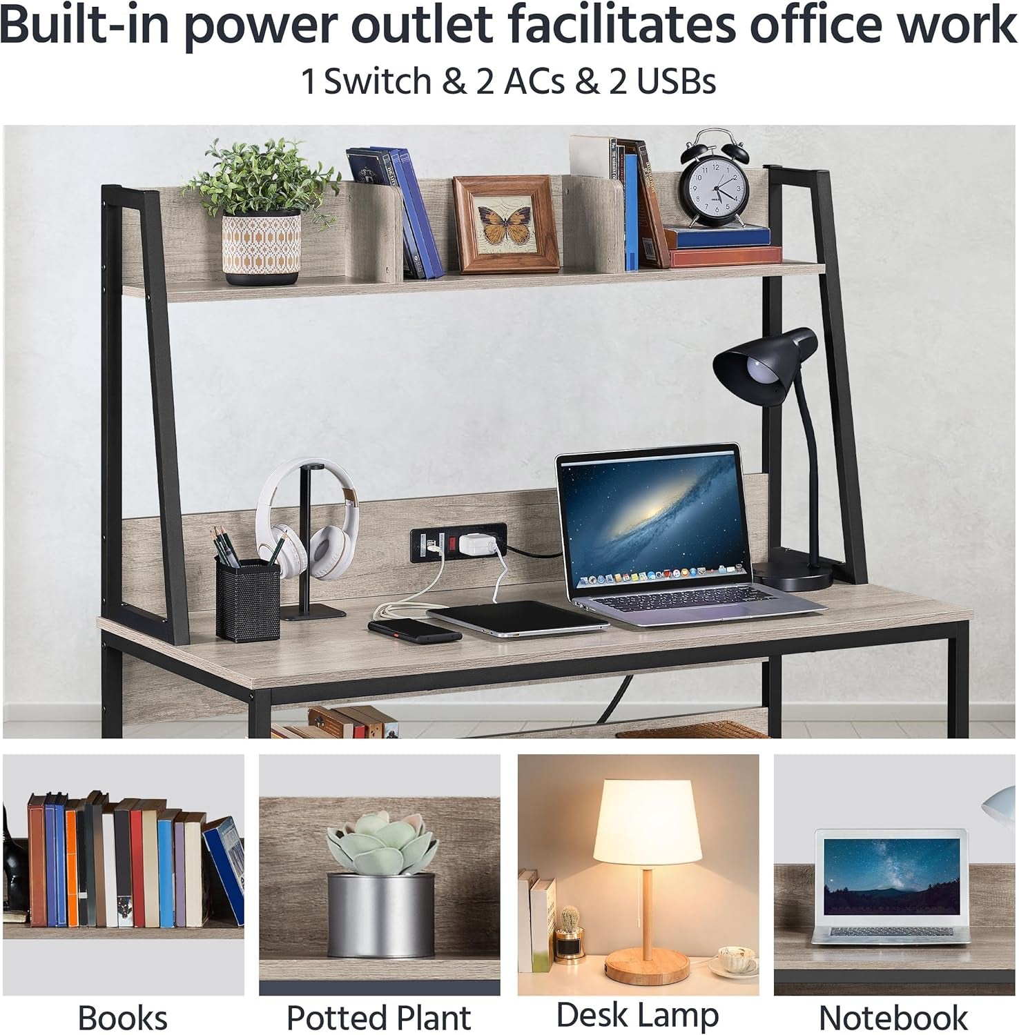 47-Inch Gray Desk With USB Ports And Power Outlets