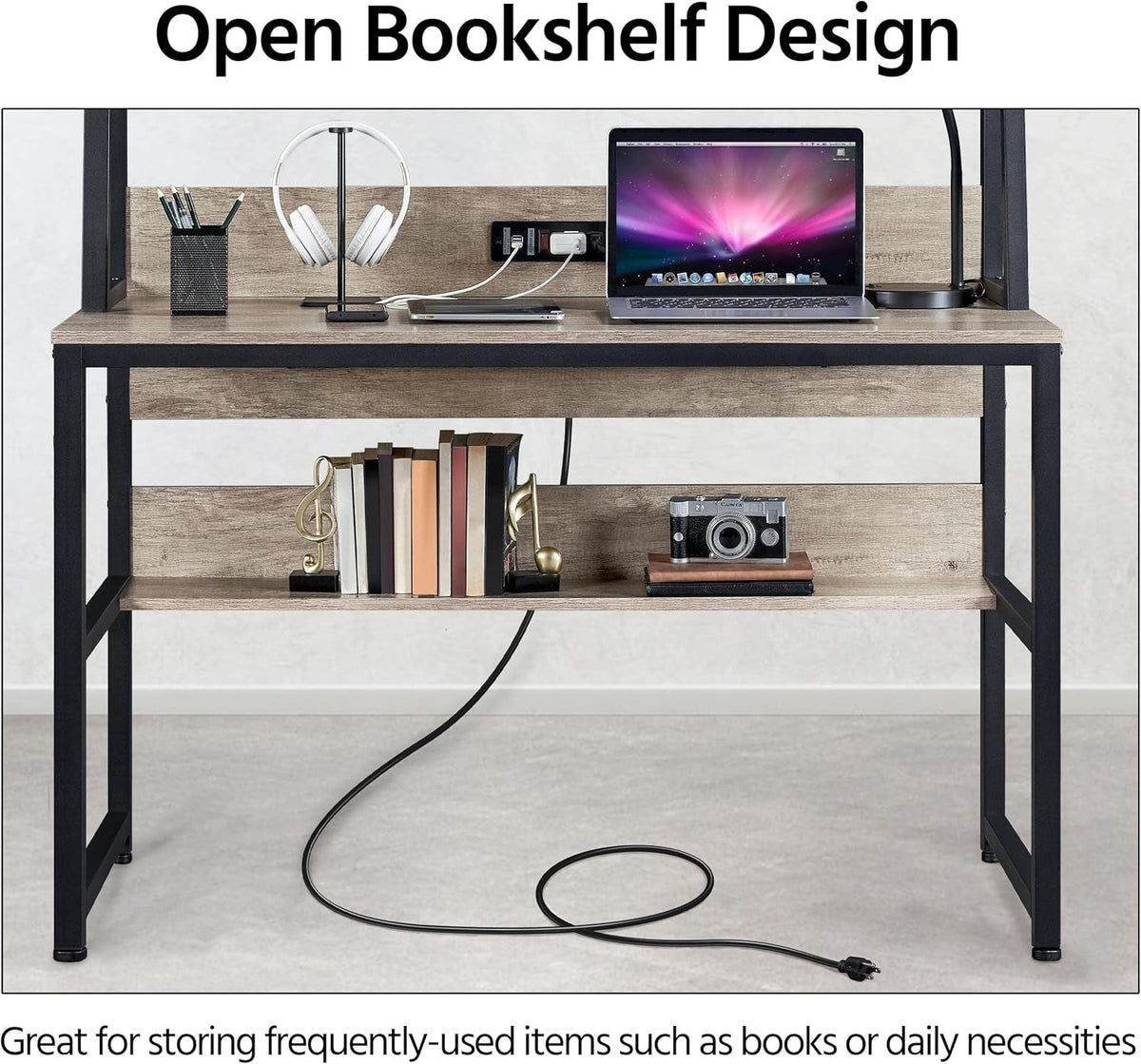 47-Inch Gray Desk With USB Ports And Power Outlets