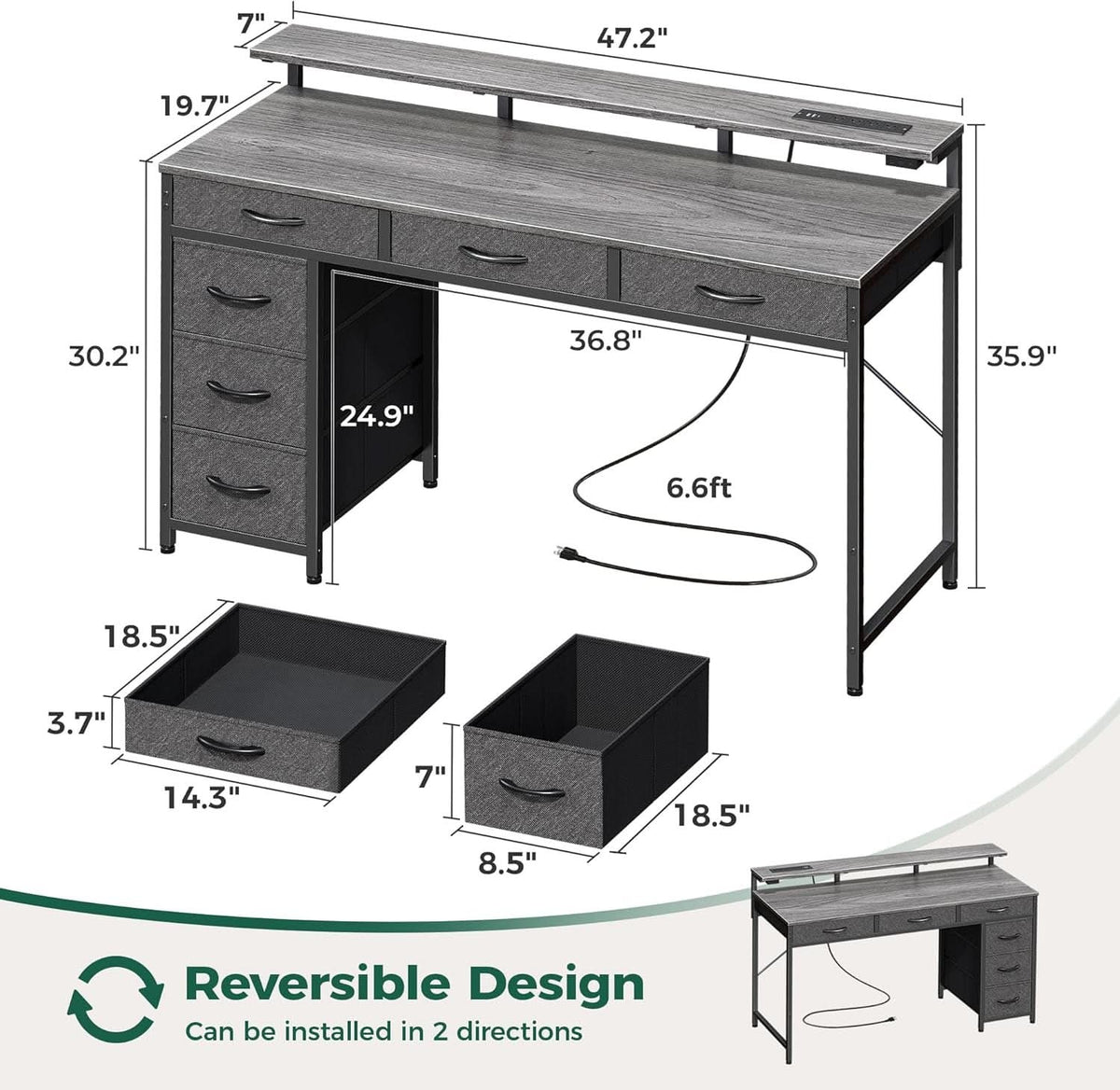 47 Inch Grey Gaming Desk With LED Lights And Drawers