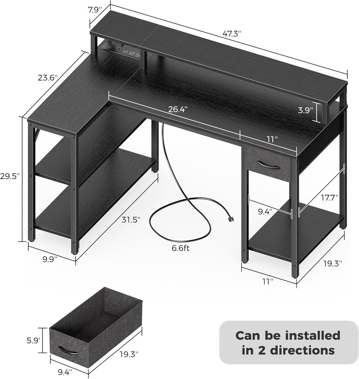 47 Inch L Shaped Desk With LED Lighting And Power Outlets