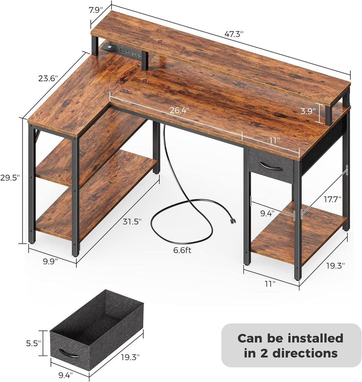 47 Inch L Shaped Desk With LED Lights And Power Outlets