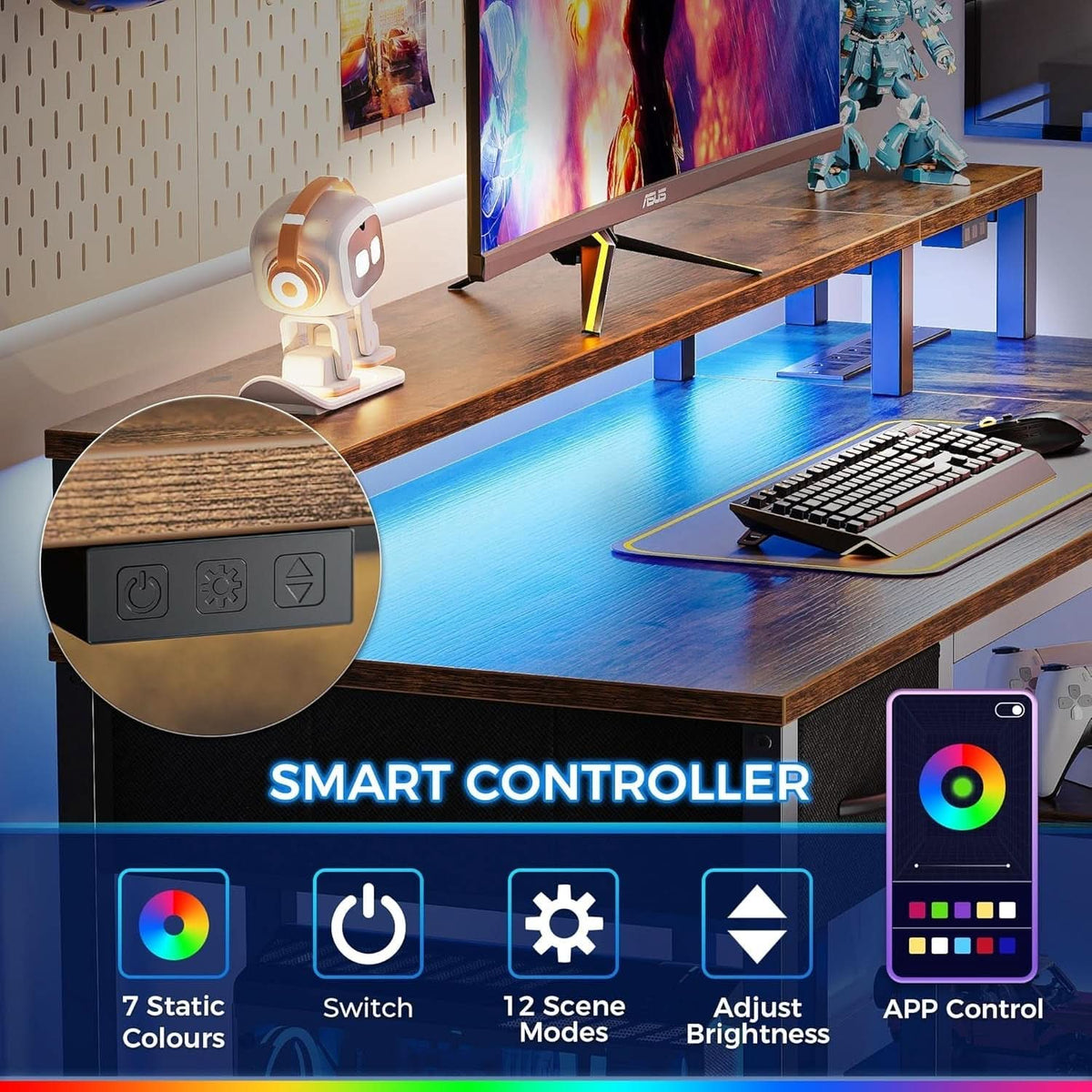 47 Inch L Shaped Desk With LED Lights And Power Outlets