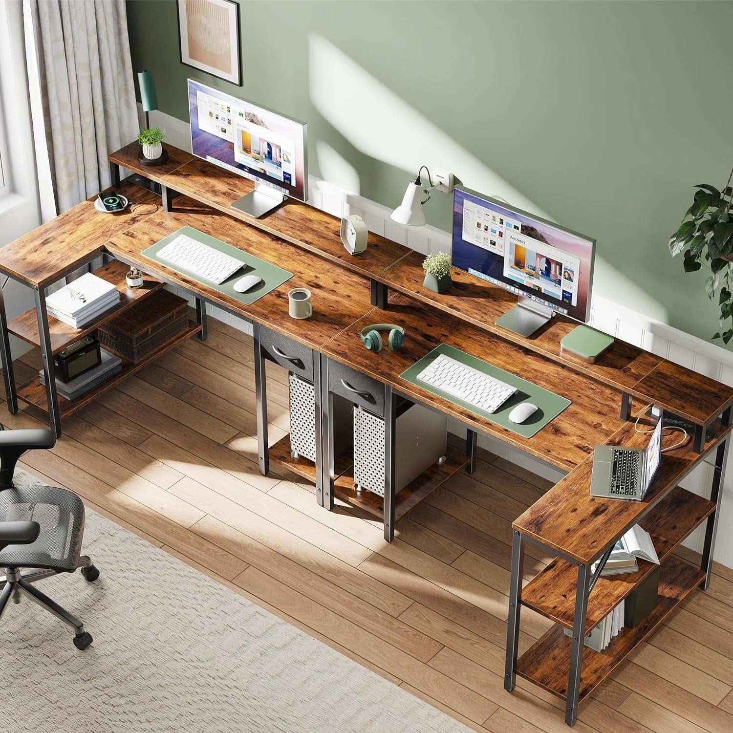 47 Inch L Shaped Desk With LED Lights And Power Outlets