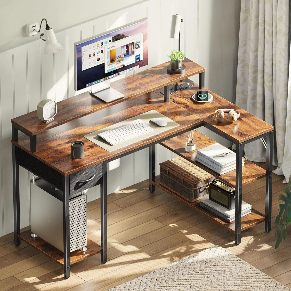 47 Inch L Shaped Desk With LED Lights And Power Outlets