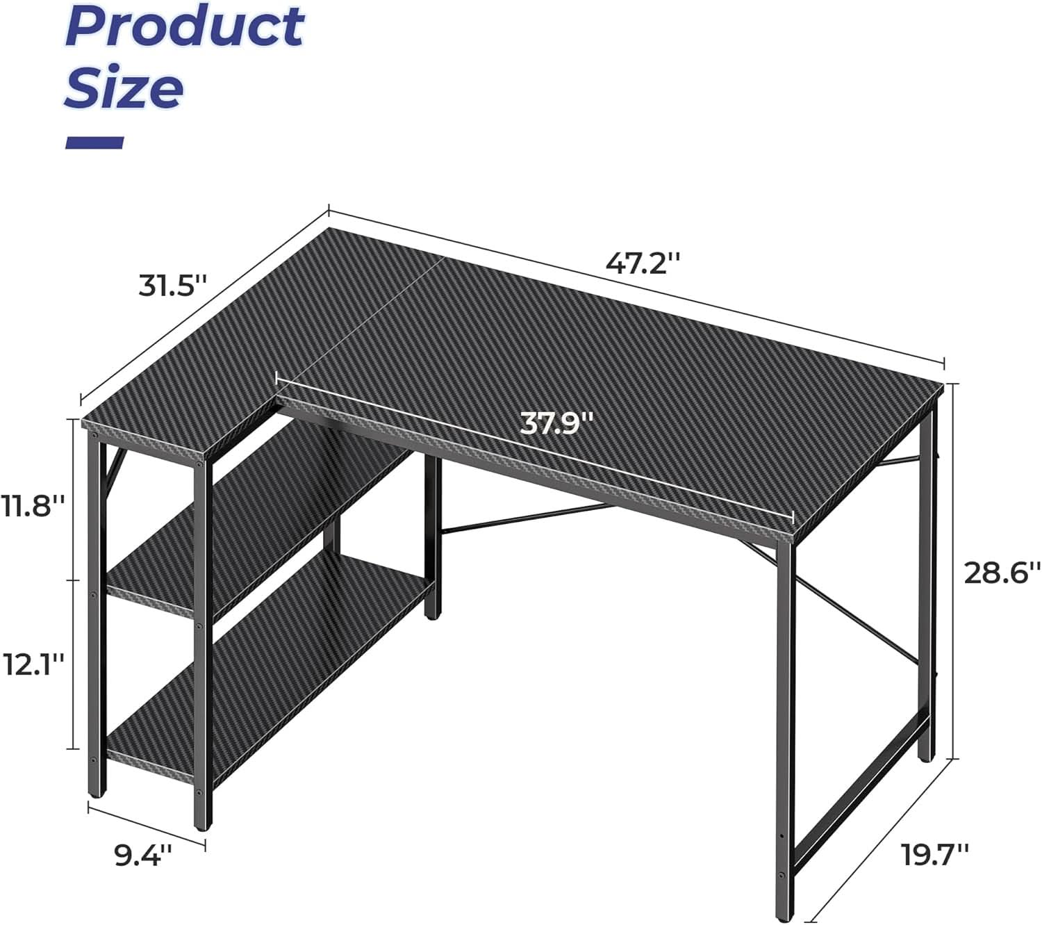 47 Inch L Shaped Desk With Reversible Shelves Carbon Fiber