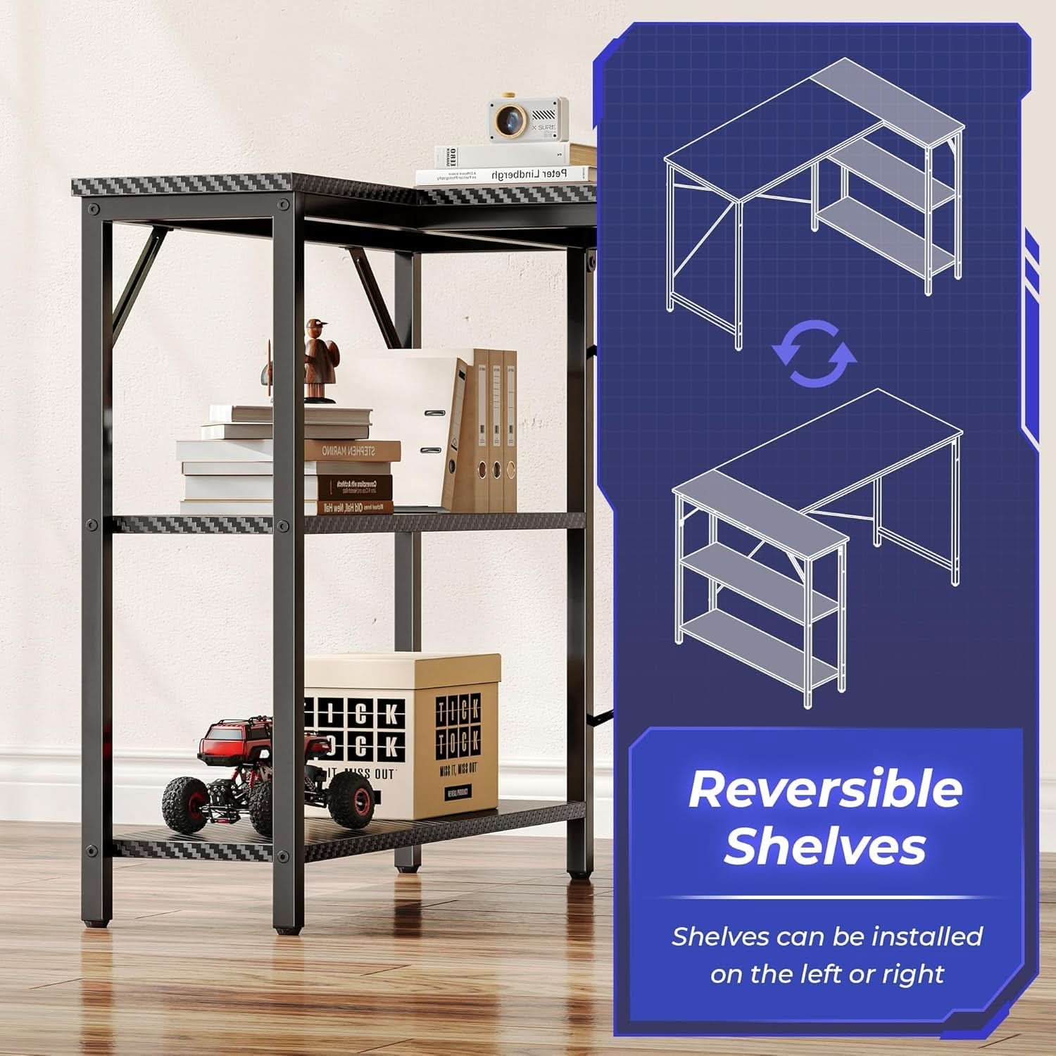 47 Inch L Shaped Desk With Reversible Shelves Carbon Fiber