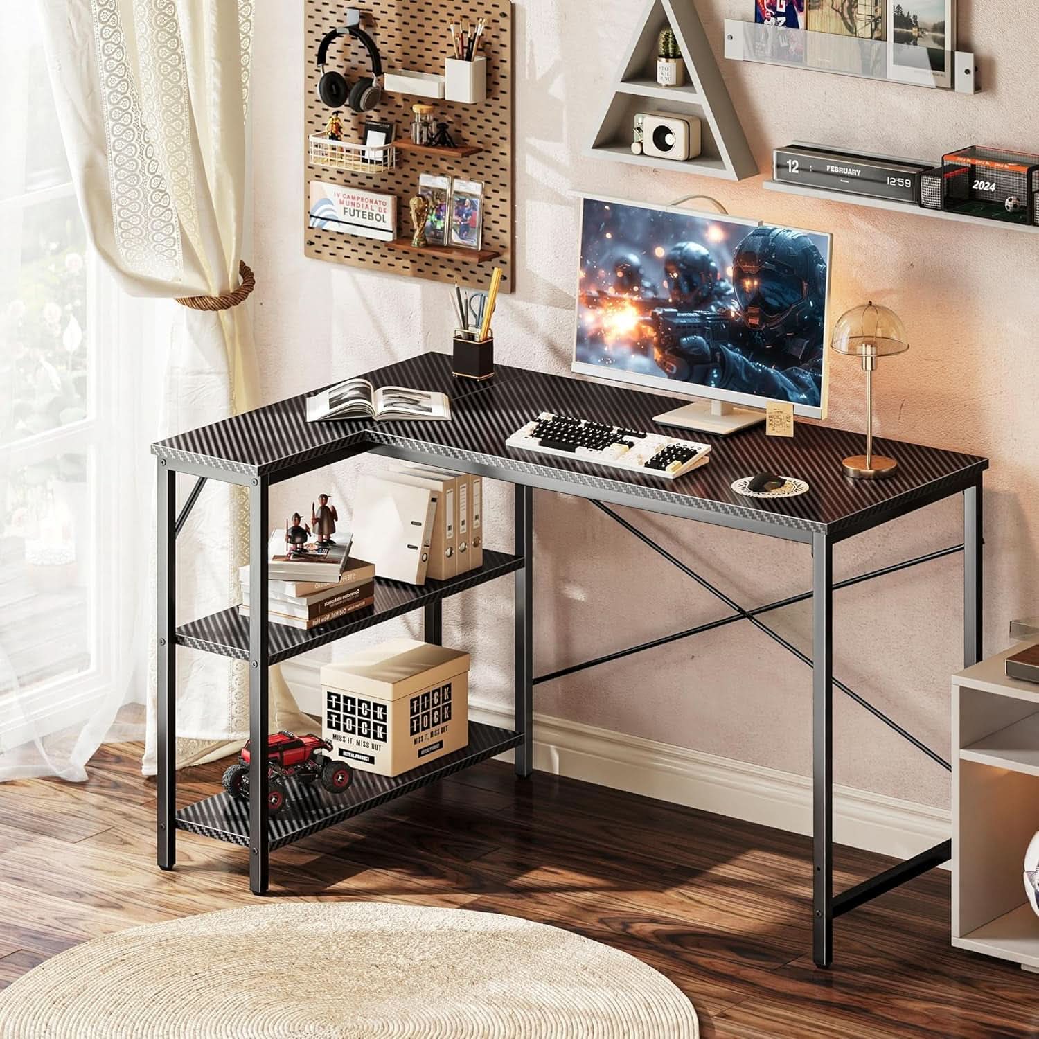 47 Inch L Shaped Desk With Reversible Shelves Carbon Fiber