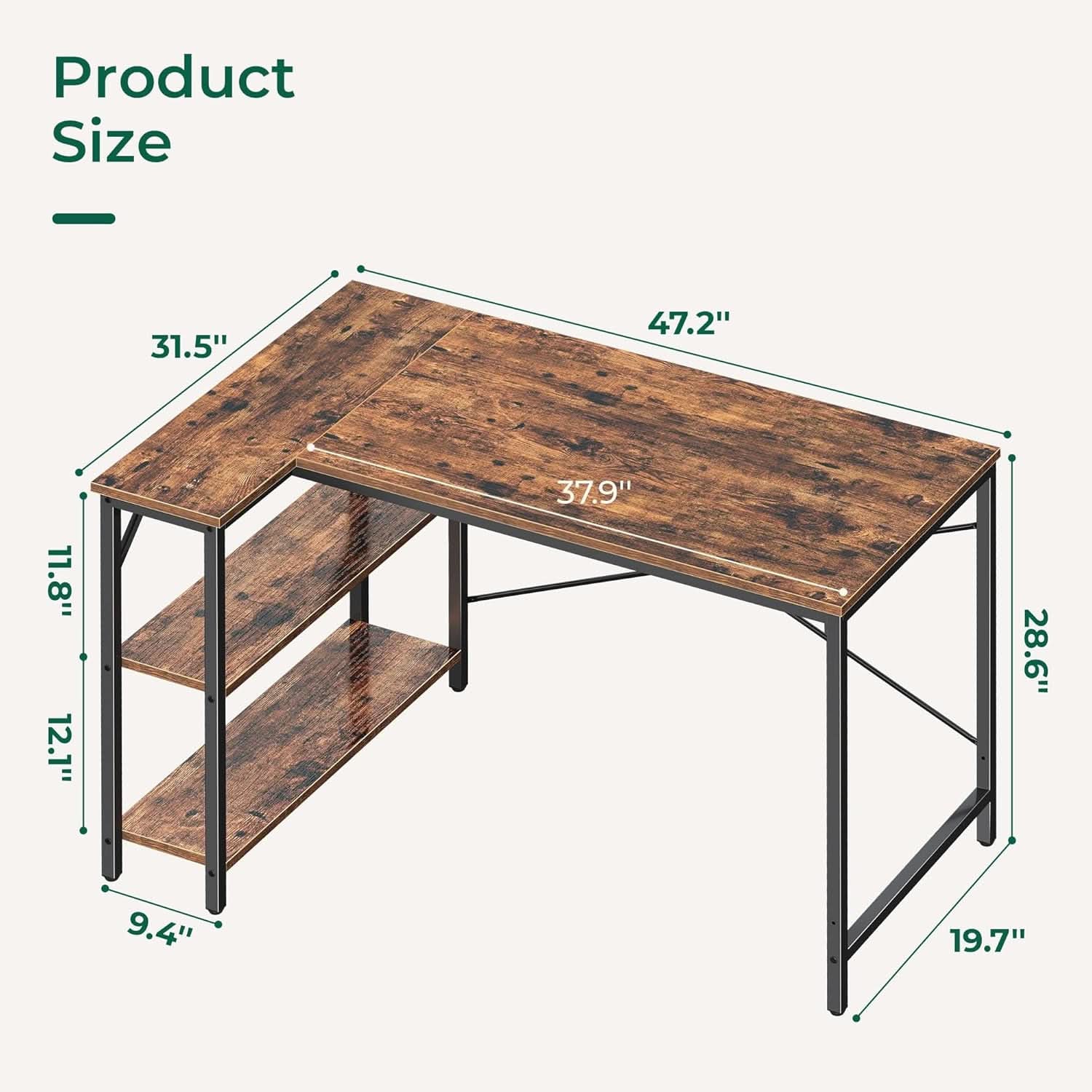 47 Inch L Shaped Desk With Reversible Shelves Rustic Brown