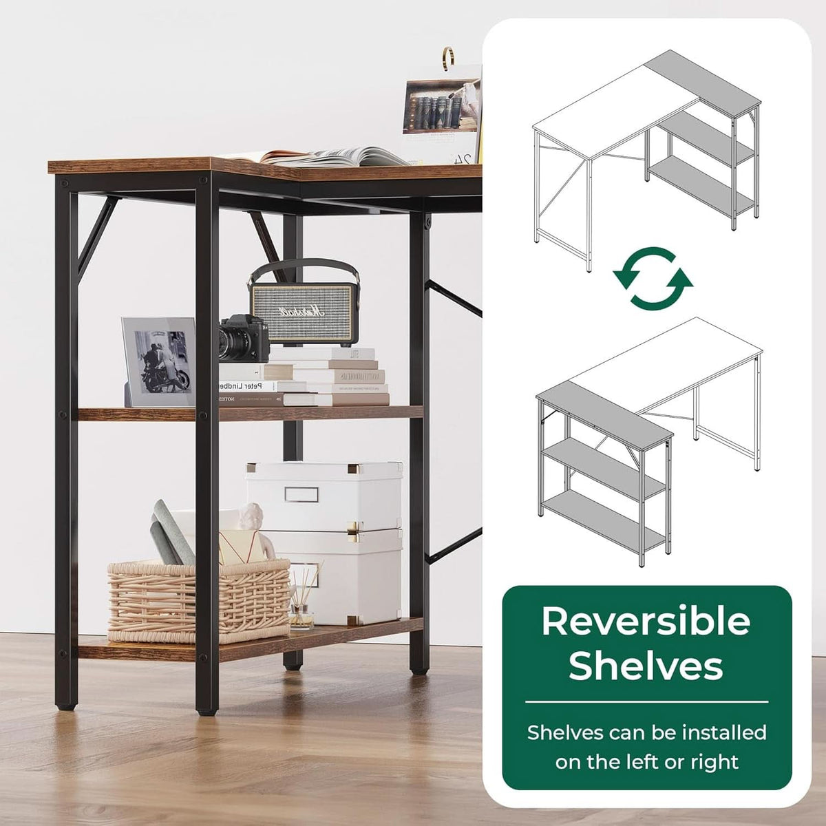 47 Inch L Shaped Desk With Reversible Shelves Rustic Brown