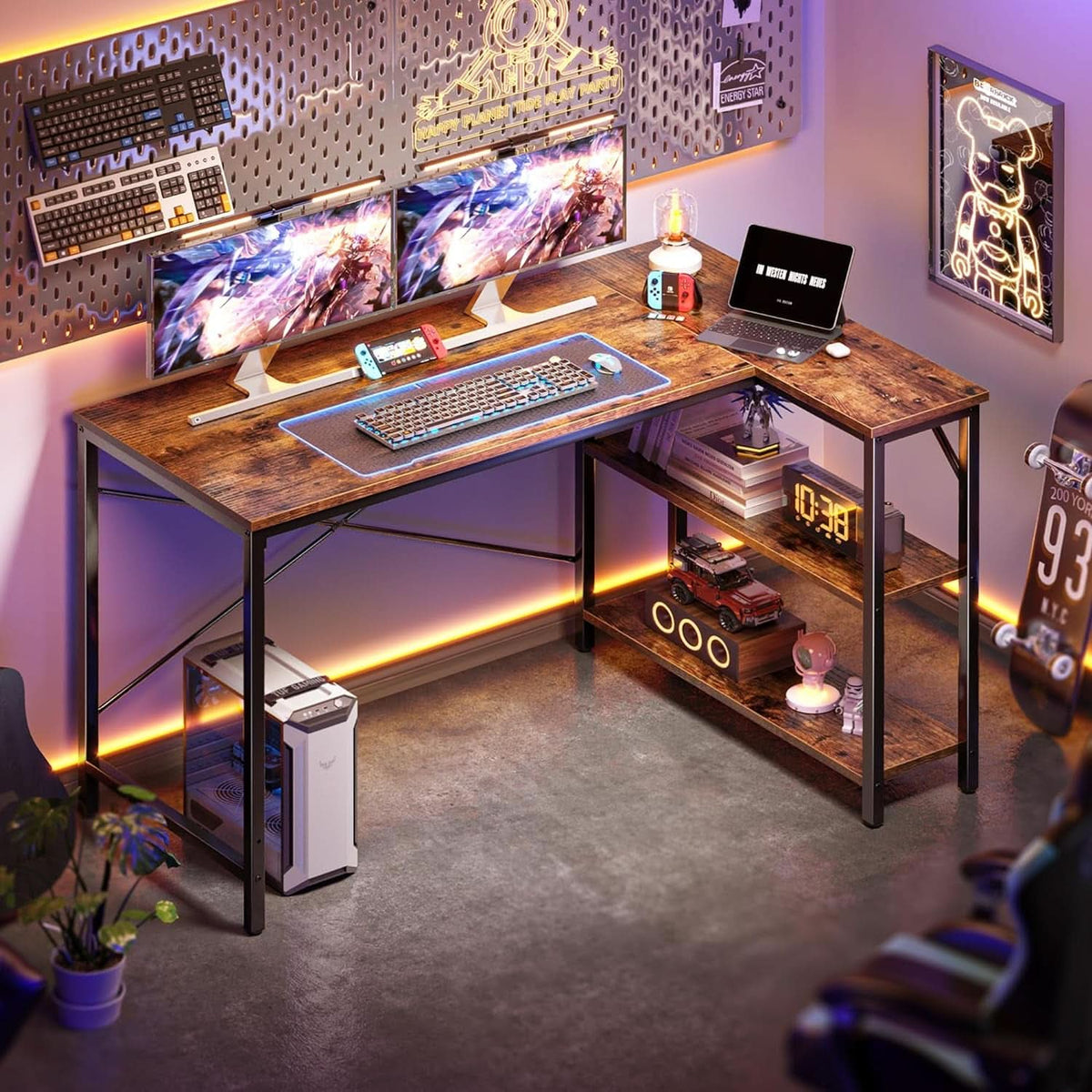 47 Inch L Shaped Desk With Reversible Shelves Rustic Brown