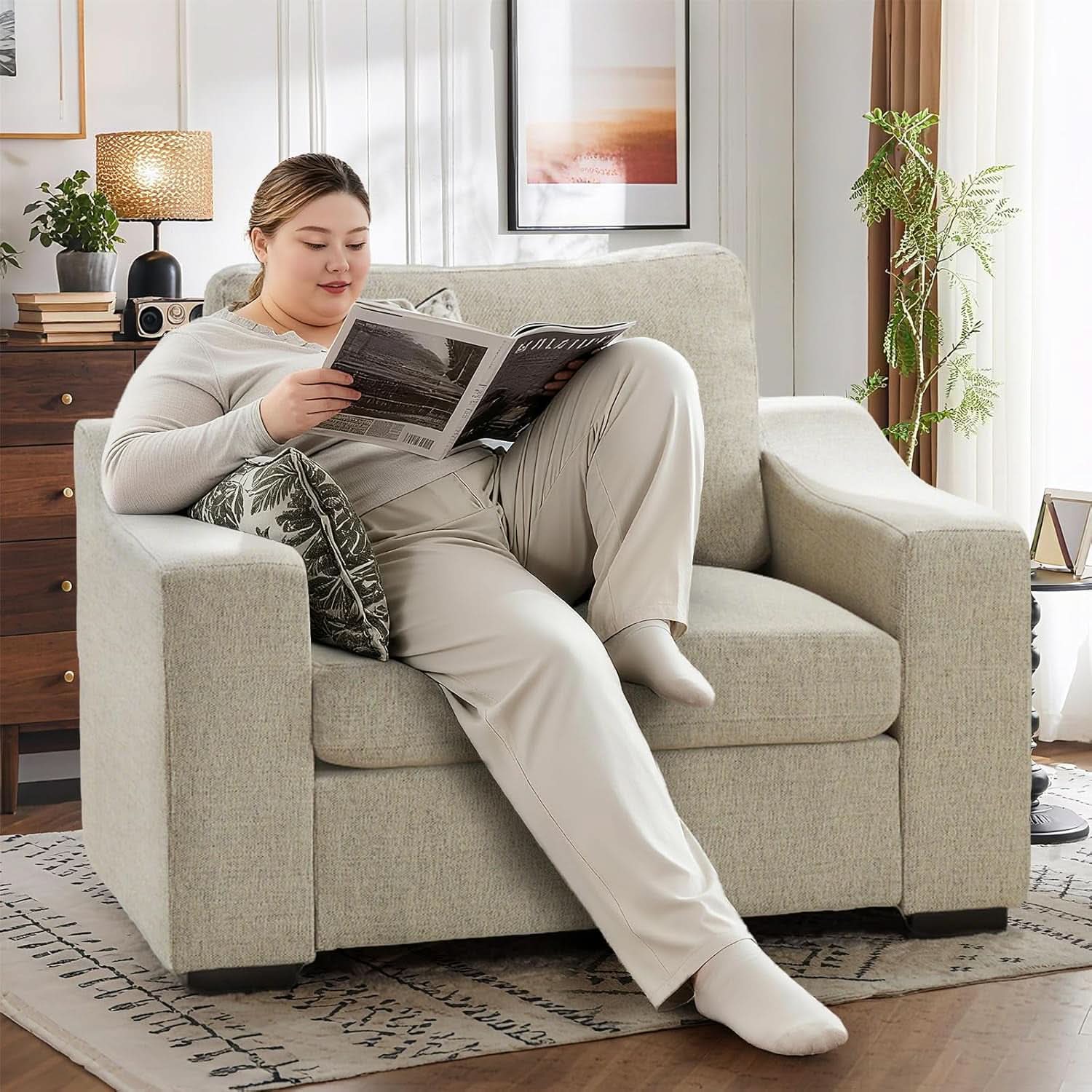 47 Inch Linen Fabric Armchair Pair Oversized Oatmeal