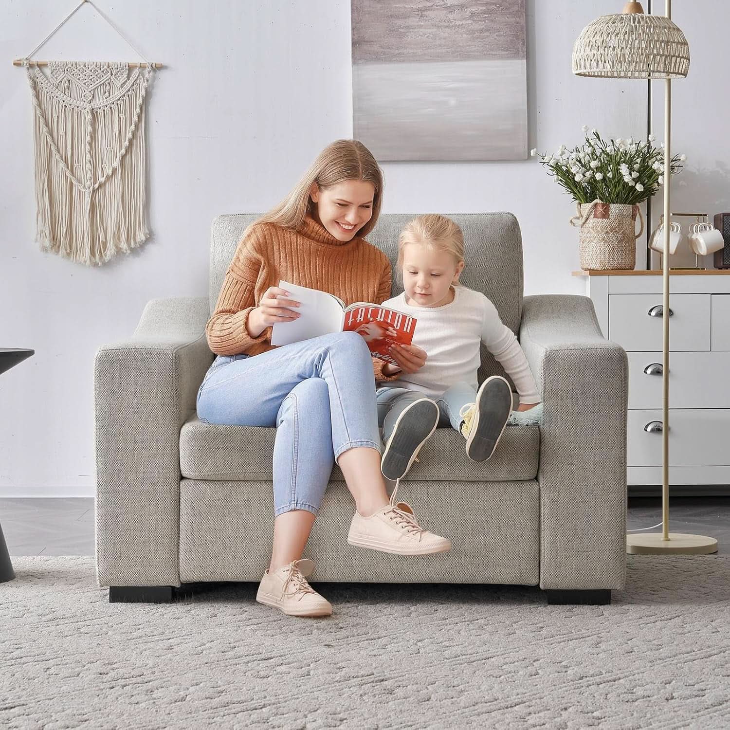 47 Inch Linen Fabric Armchair Pair Oversized Oatmeal