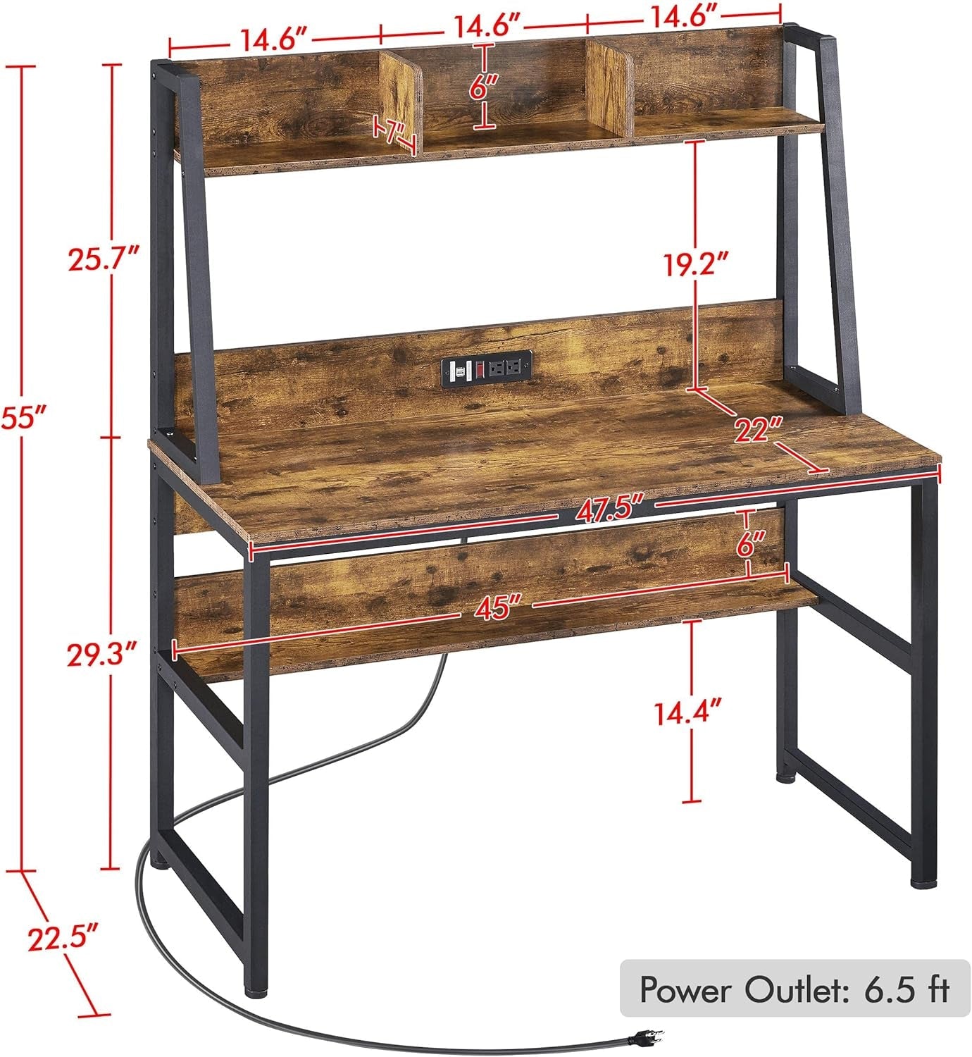 47 Inch Modern Computer Desk With USB Ports Rustic Brown