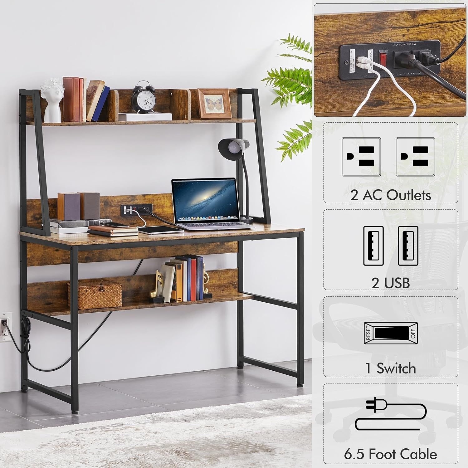 47 Inch Modern Computer Desk With USB Ports Rustic Brown