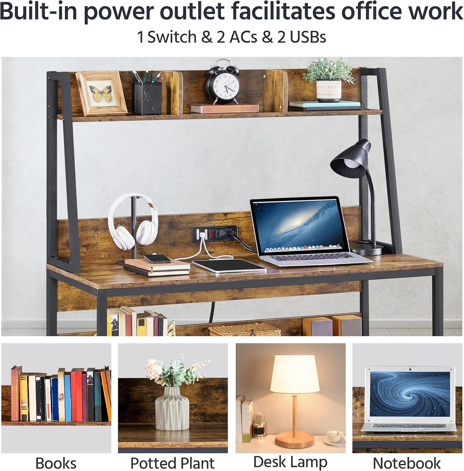 47 Inch Modern Computer Desk With USB Ports Rustic Brown