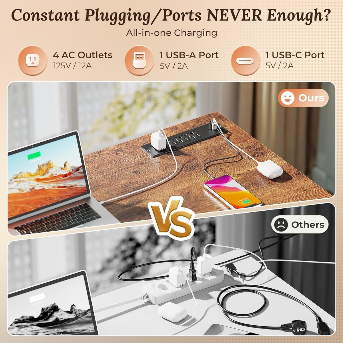 47 Inch Office Desk With USB Charging Outlets For Home Office
