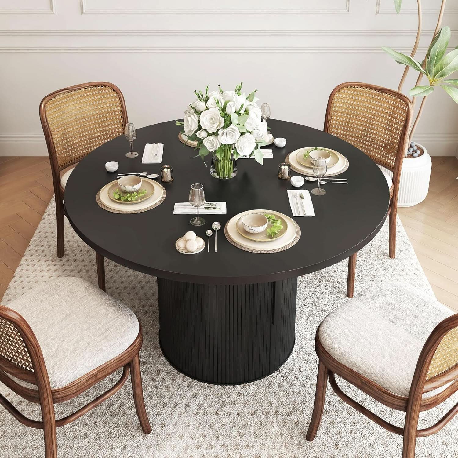 47 Inch Round Dining Table For 4 With Storage Shelf Black