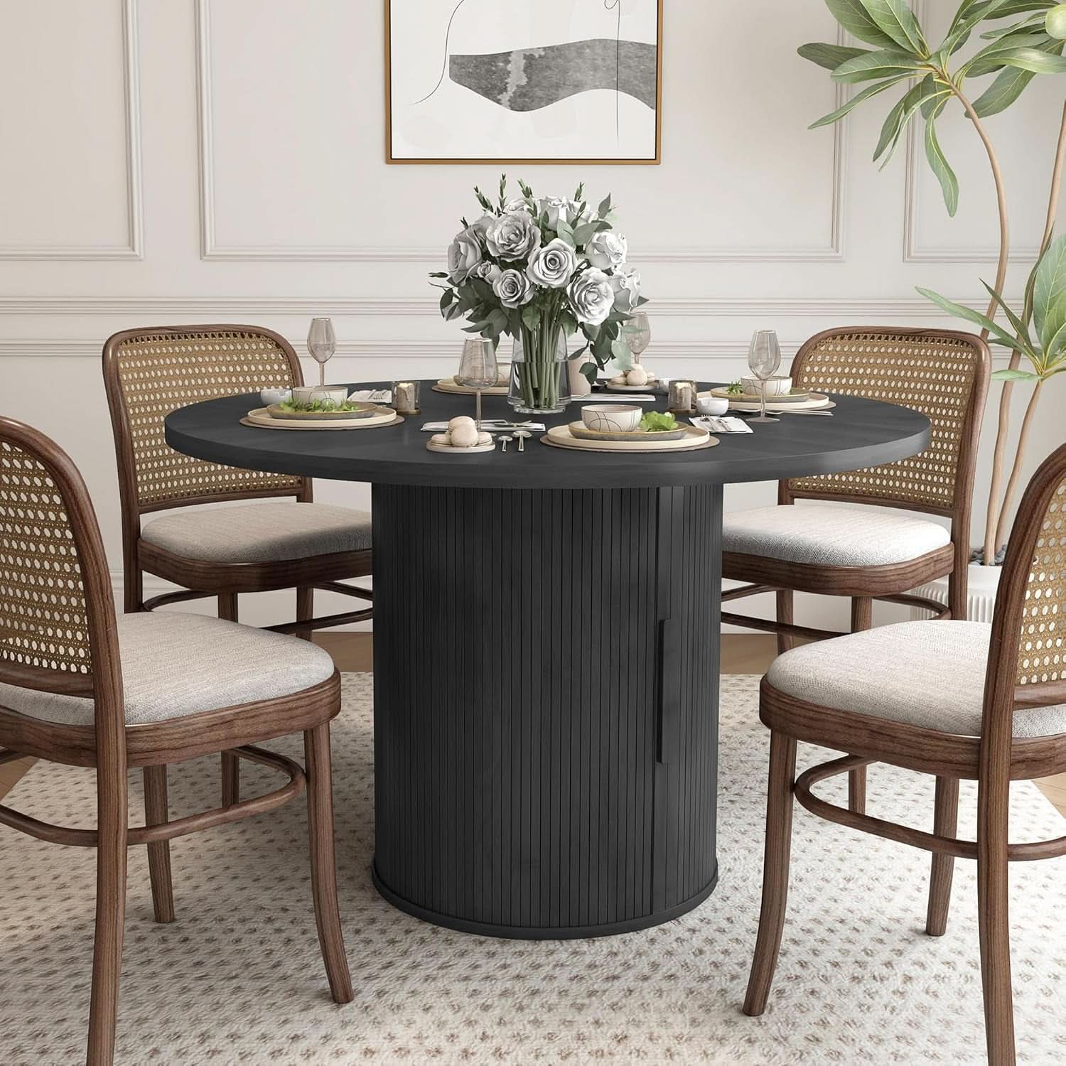 47 Inch Round Dining Table For 4 With Storage Shelf Black