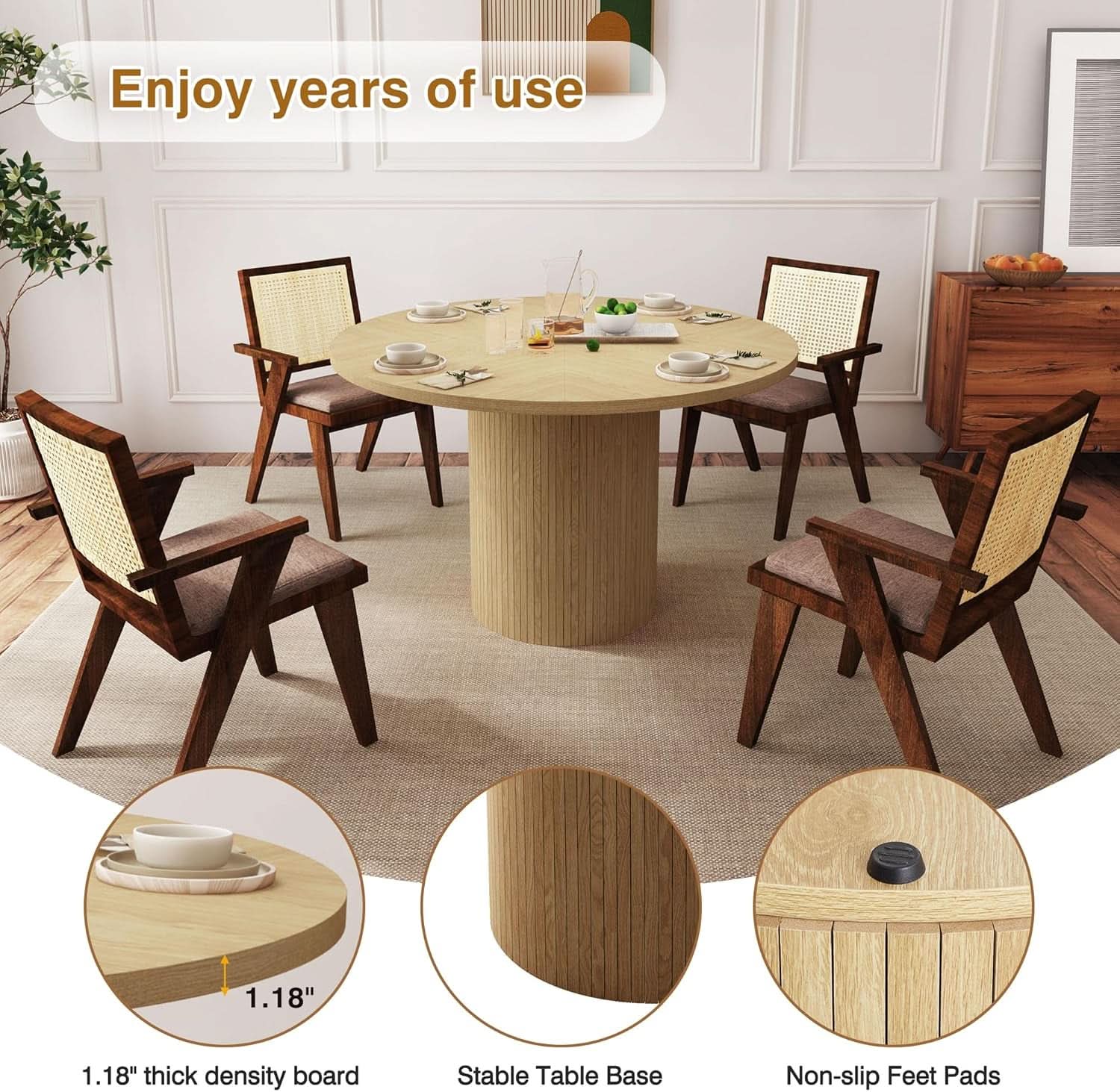 47 Inch Round Dining Table Natural Wood Farmhouse Fluted