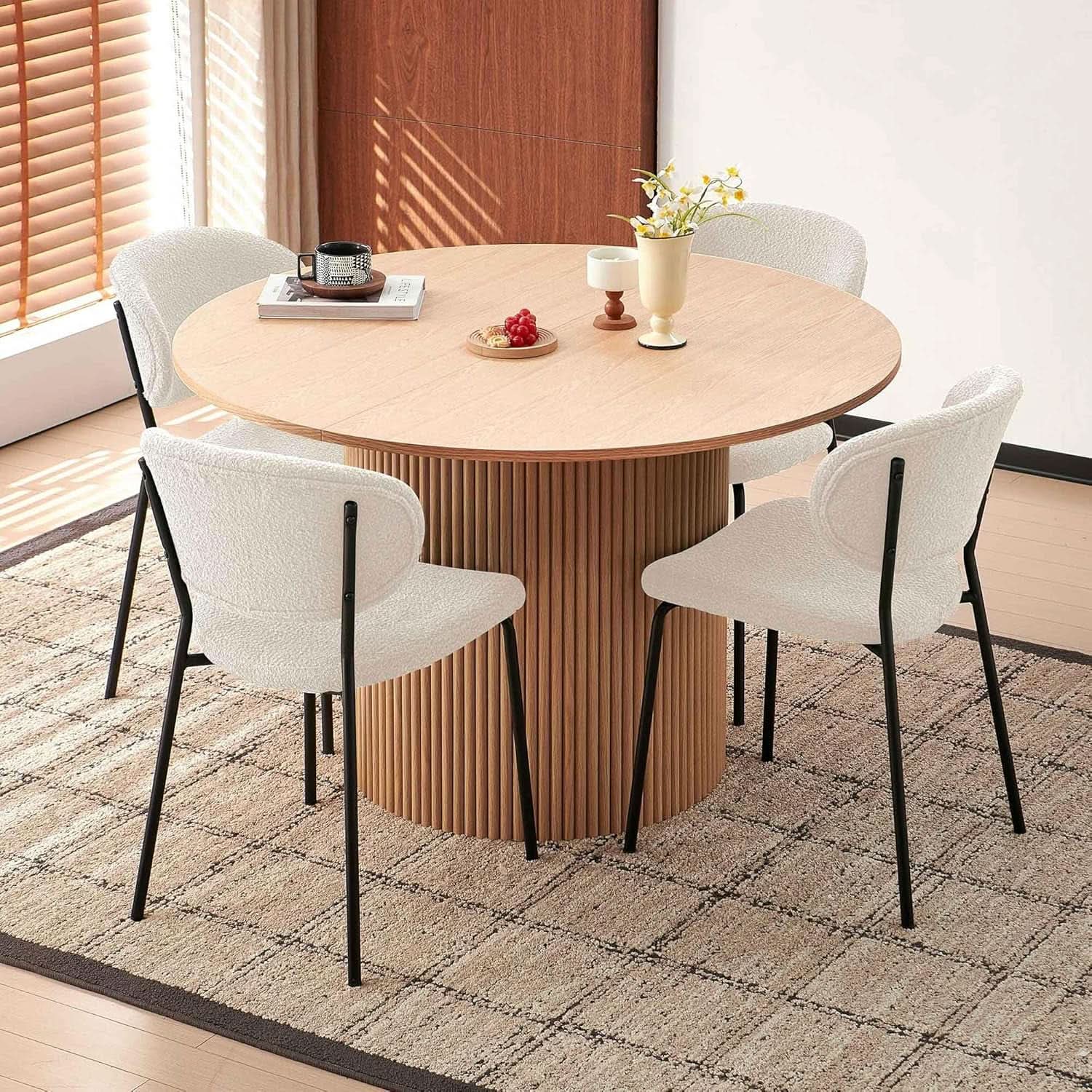 47 Inch Round Dining Table Set Beige Oak Boucle Padded Seating
