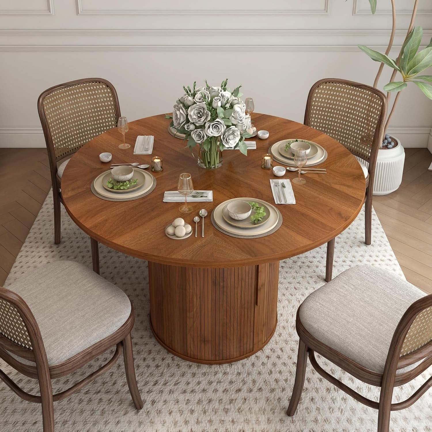 47 Inch Round Dining Table With Walnut Finish And Two Layer Storage Shelf