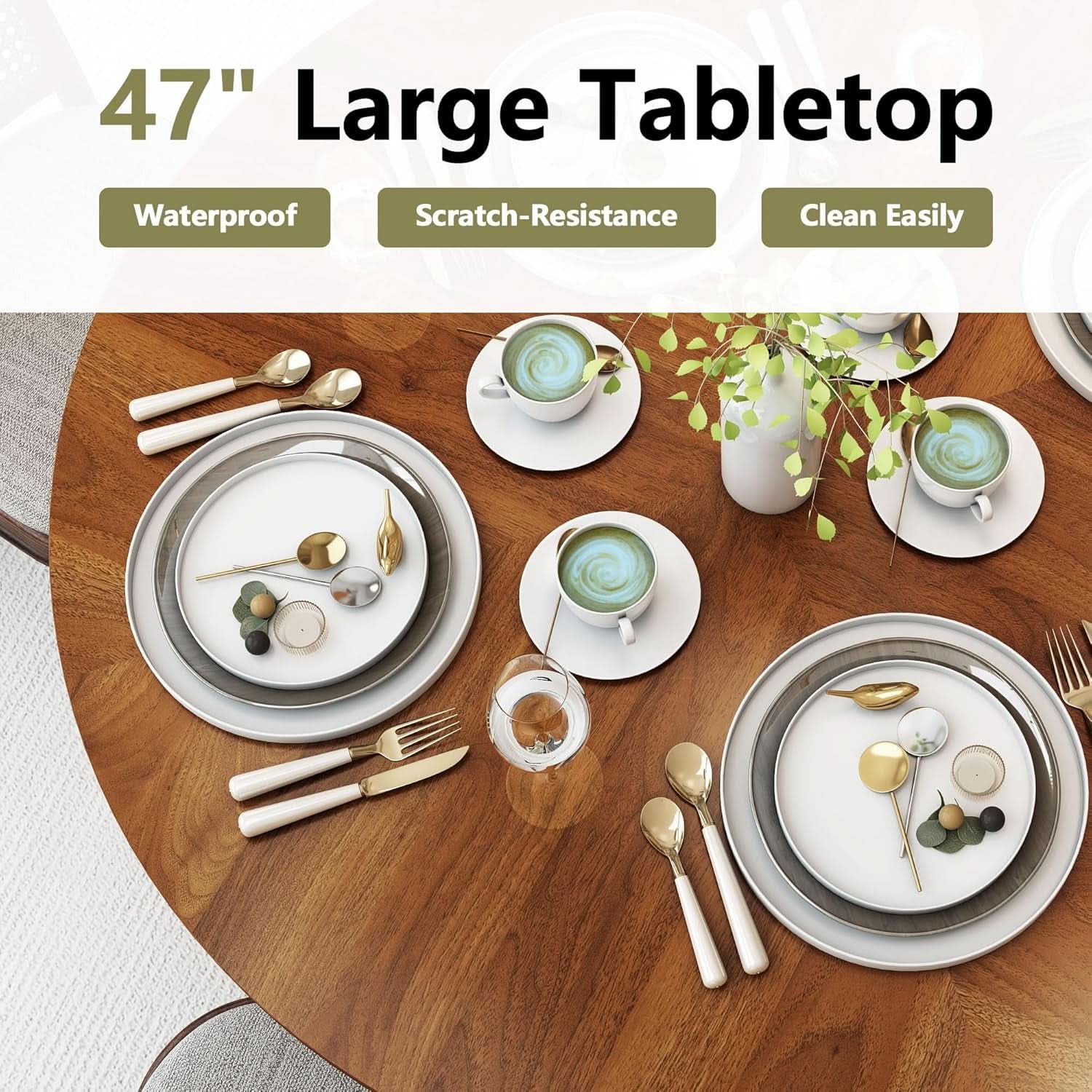 47 Inch Round Dining Table With Walnut Finish And Two Layer Storage Shelf