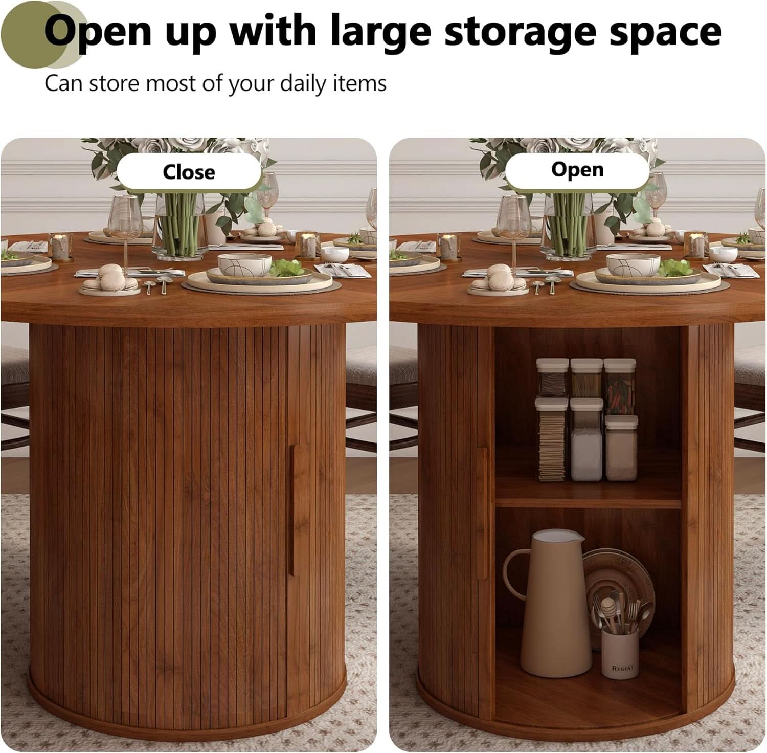 47 Inch Round Dining Table With Walnut Finish And Two Layer Storage Shelf