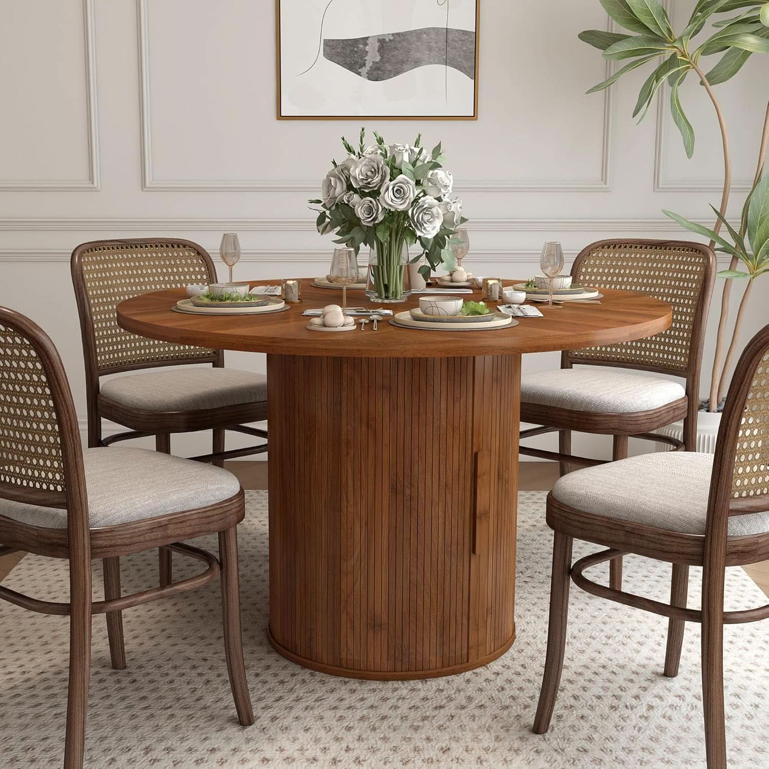 47 Inch Round Dining Table With Walnut Finish And Two Layer Storage Shelf