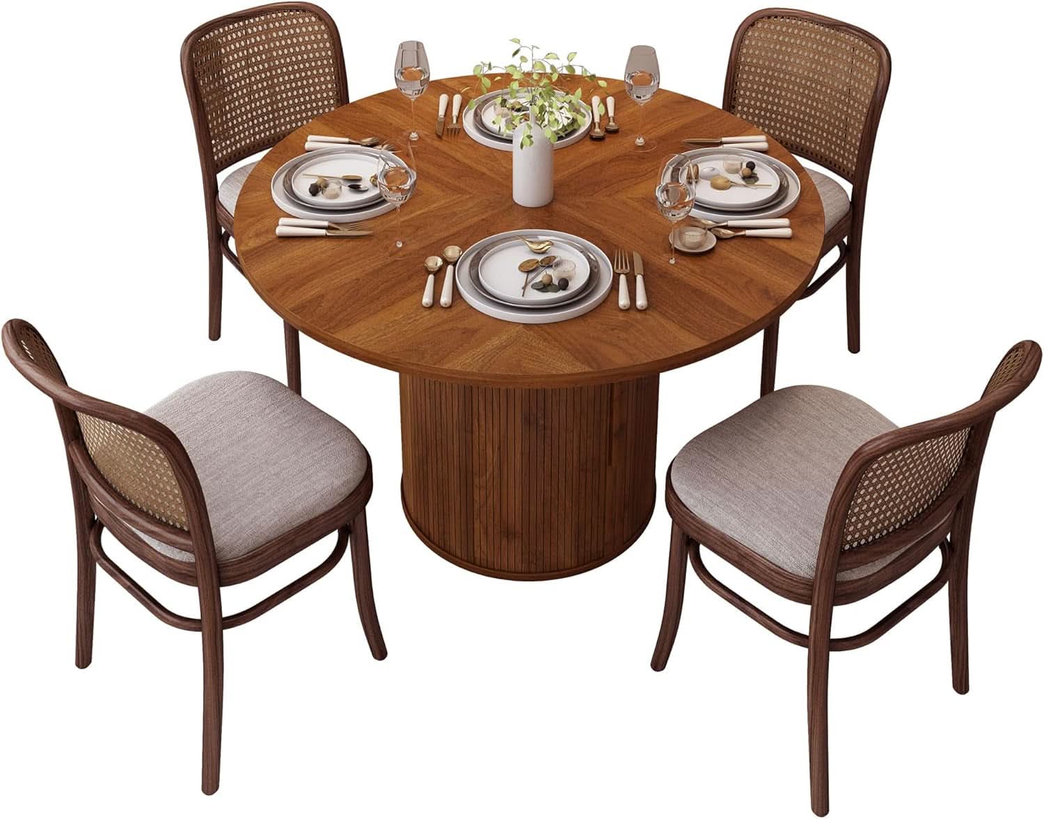 47 Inch Round Dining Table With Walnut Finish And Two Layer Storage Shelf