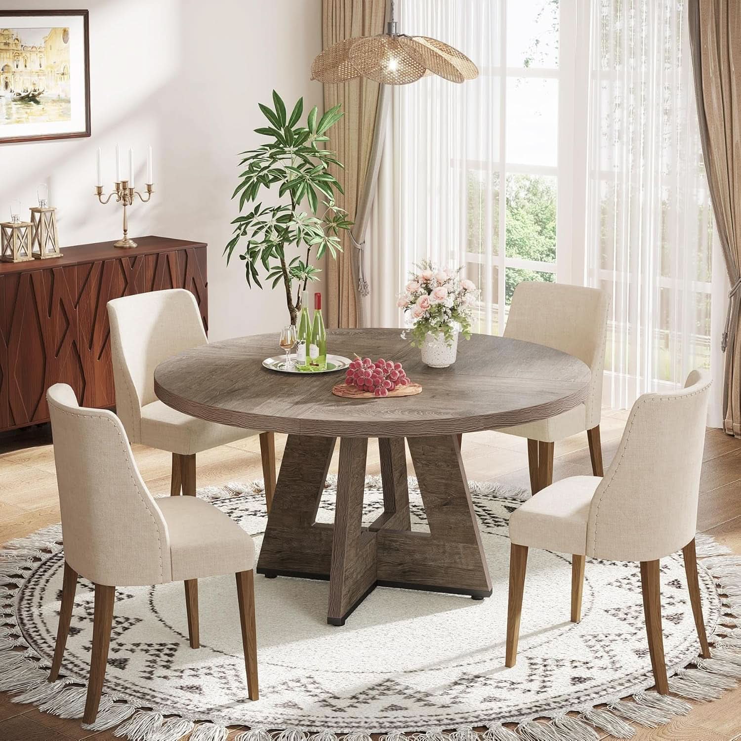 47 Inch Round Farmhouse Dining Table Grey For Four