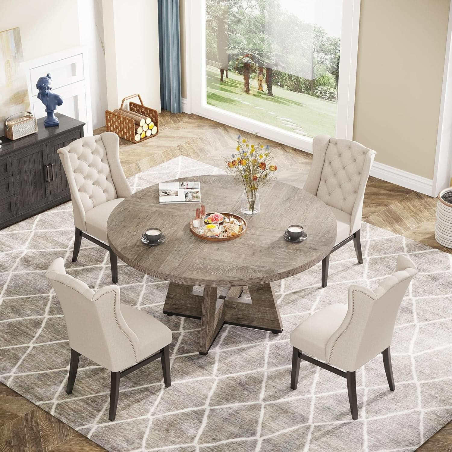 47 Inch Round Farmhouse Dining Table Grey For Four