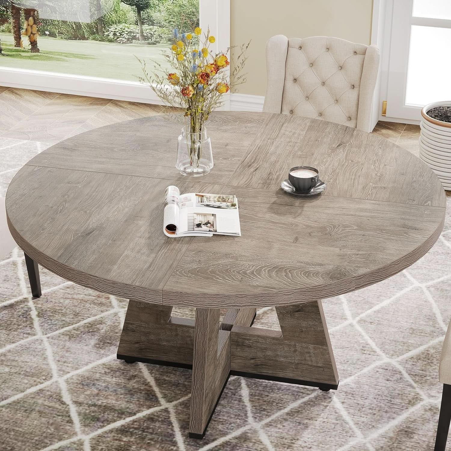 47 Inch Round Farmhouse Dining Table Grey For Four