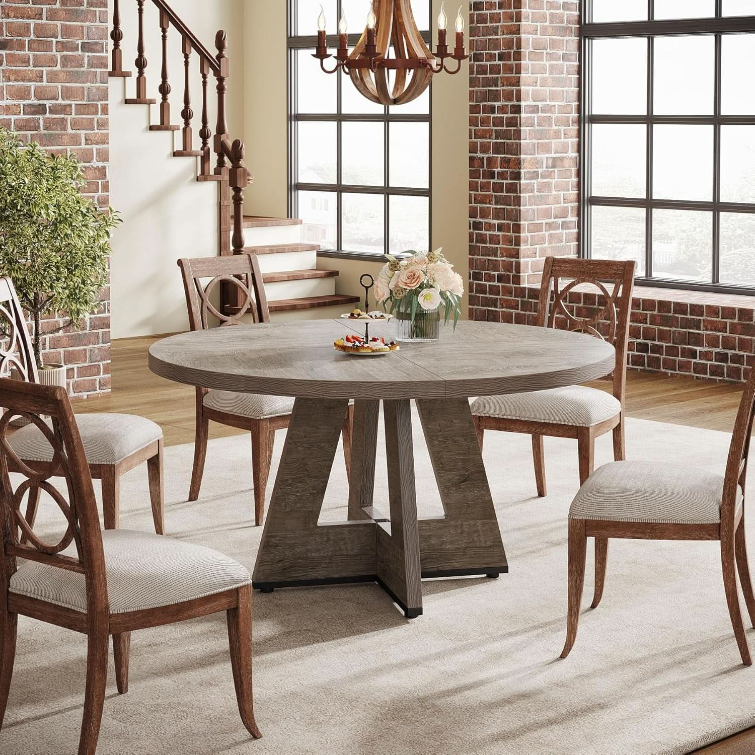 47 Inch Round Farmhouse Dining Table Grey For Four
