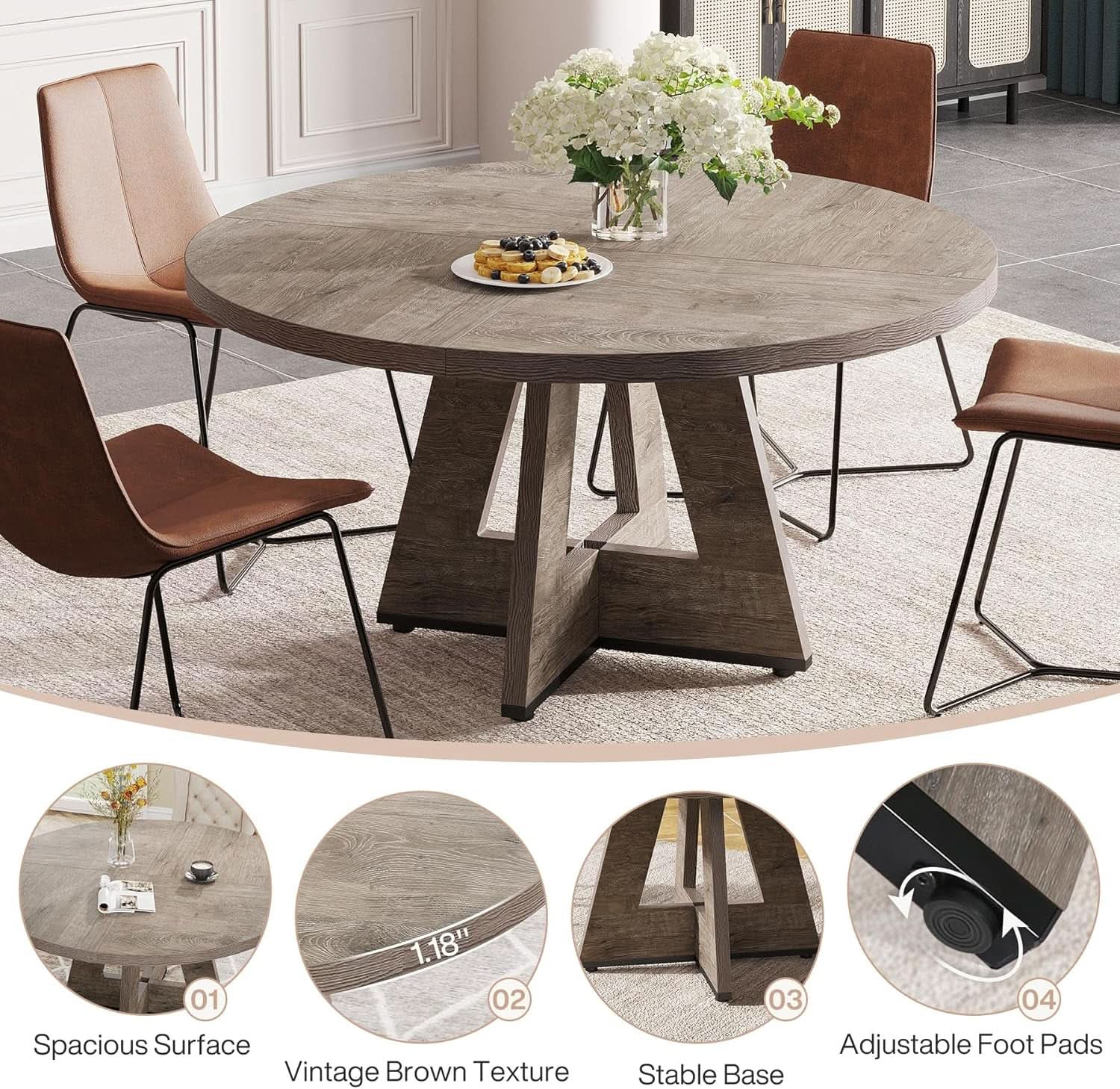 47 Inch Round Farmhouse Dining Table Grey For Four