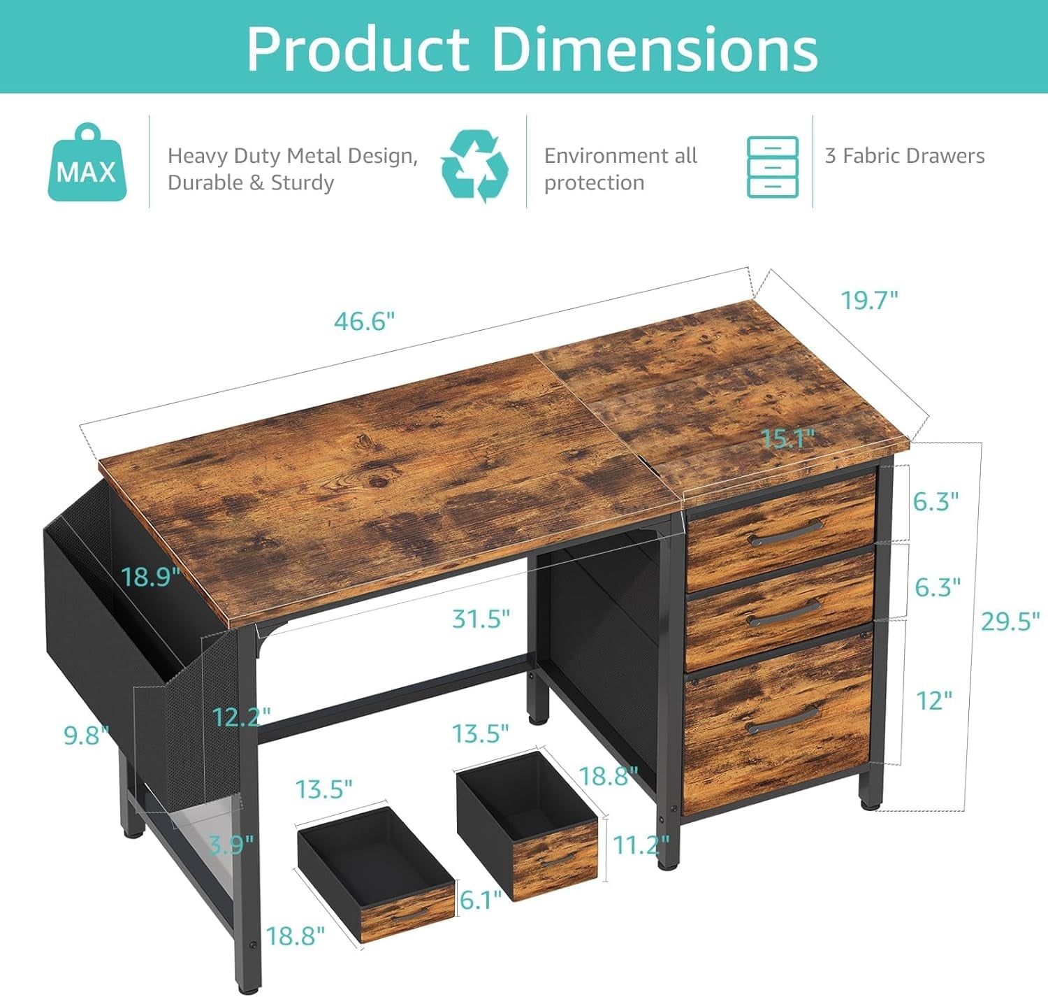 47-Inch Rustic Computer Desk With Fabric File Drawers