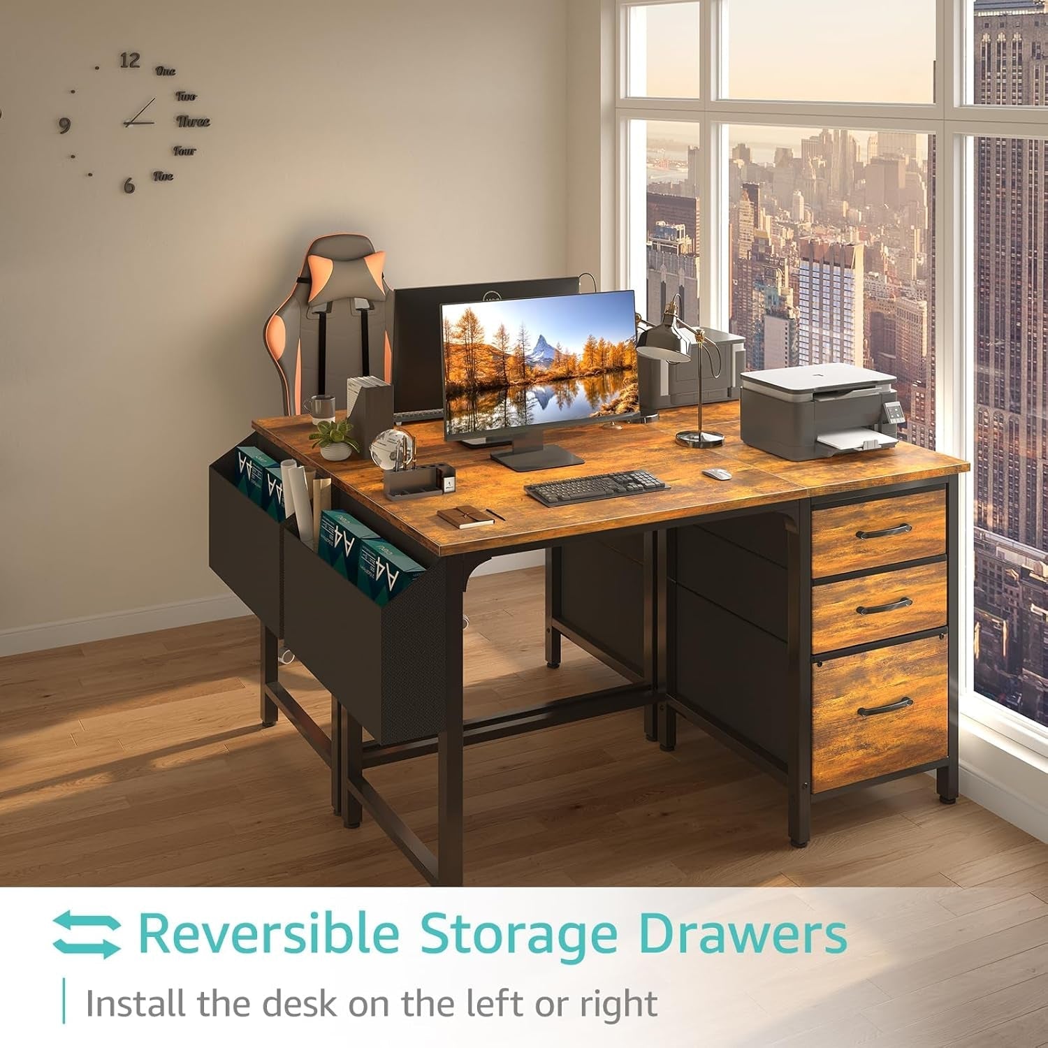 47-Inch Rustic Computer Desk With Fabric File Drawers