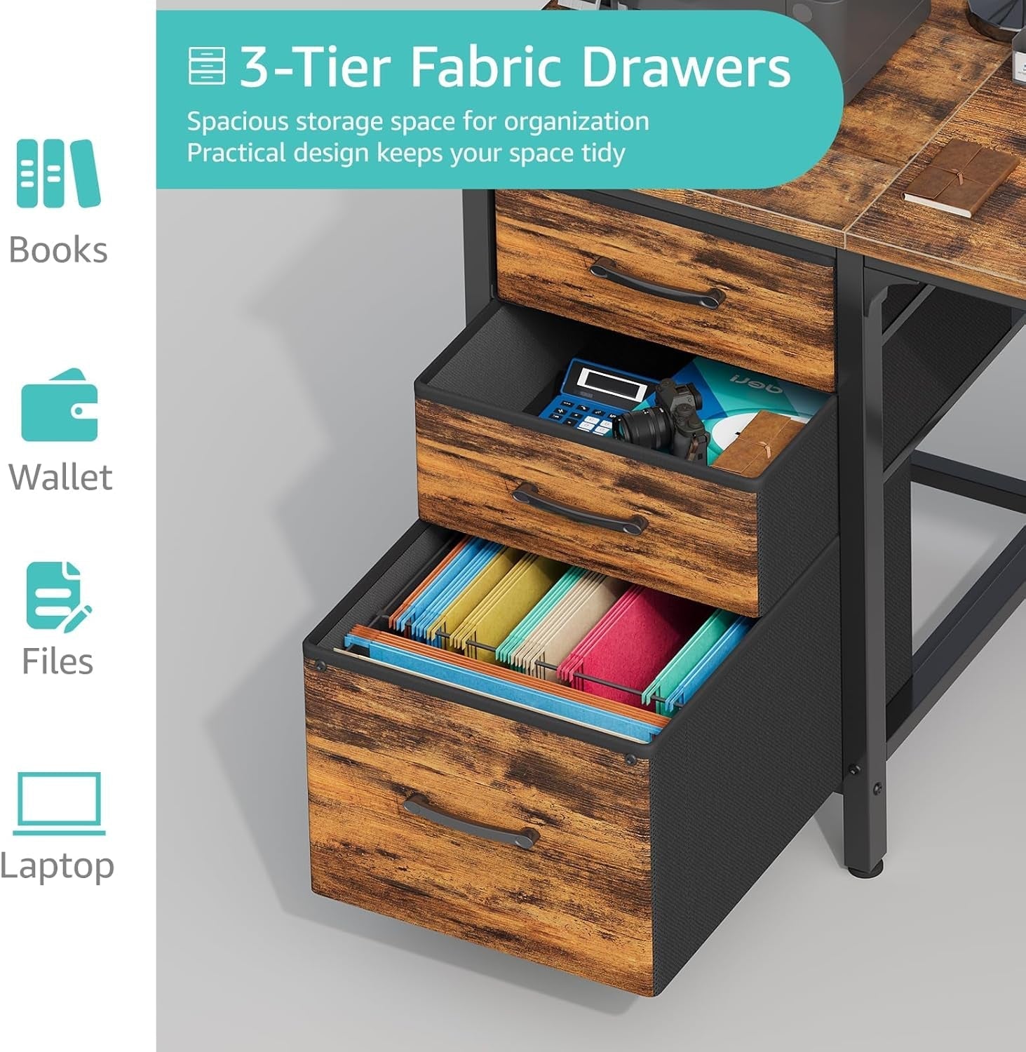 47-Inch Rustic Computer Desk With Fabric File Drawers