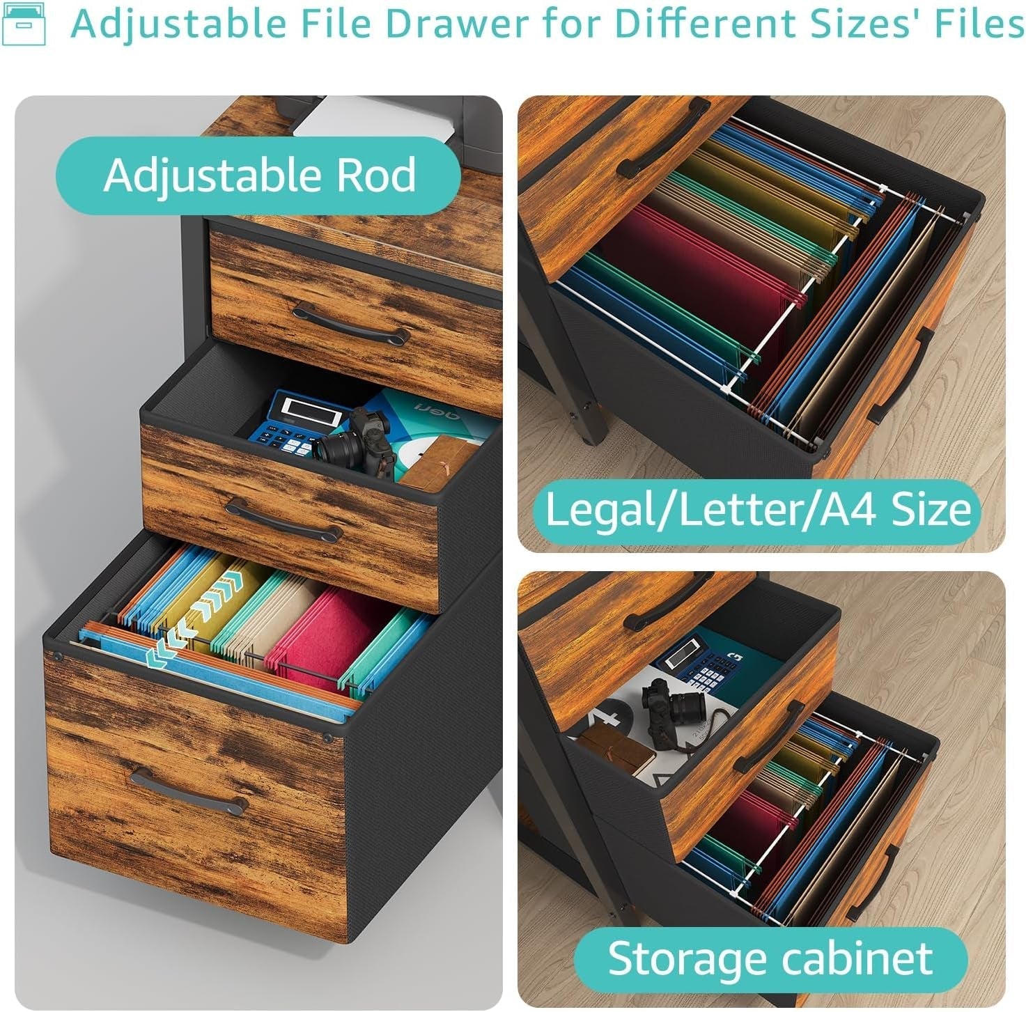 47-Inch Rustic Computer Desk With Fabric File Drawers