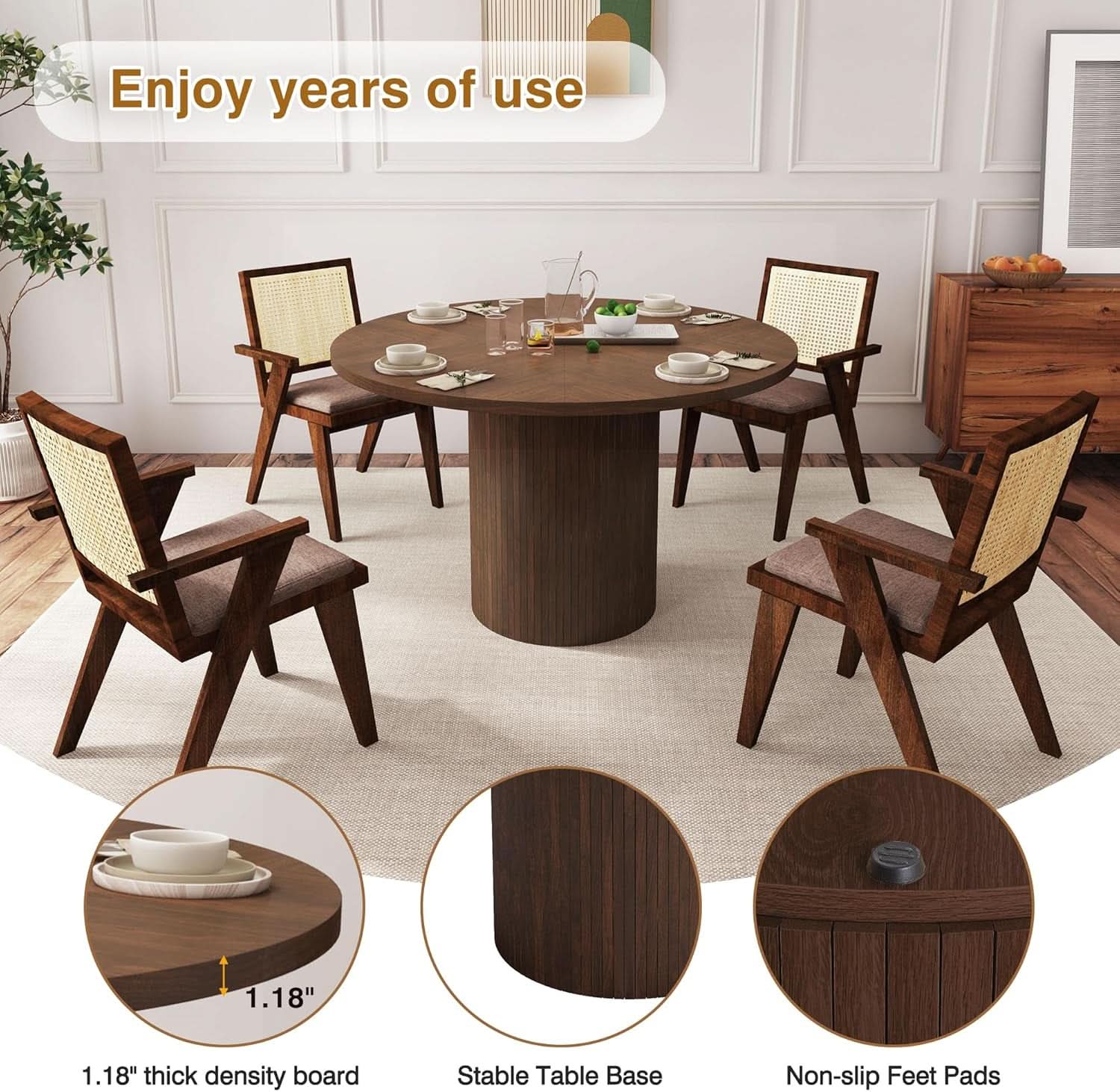 47 Inch Walnut Round Dining Table Farmhouse Kitchen
