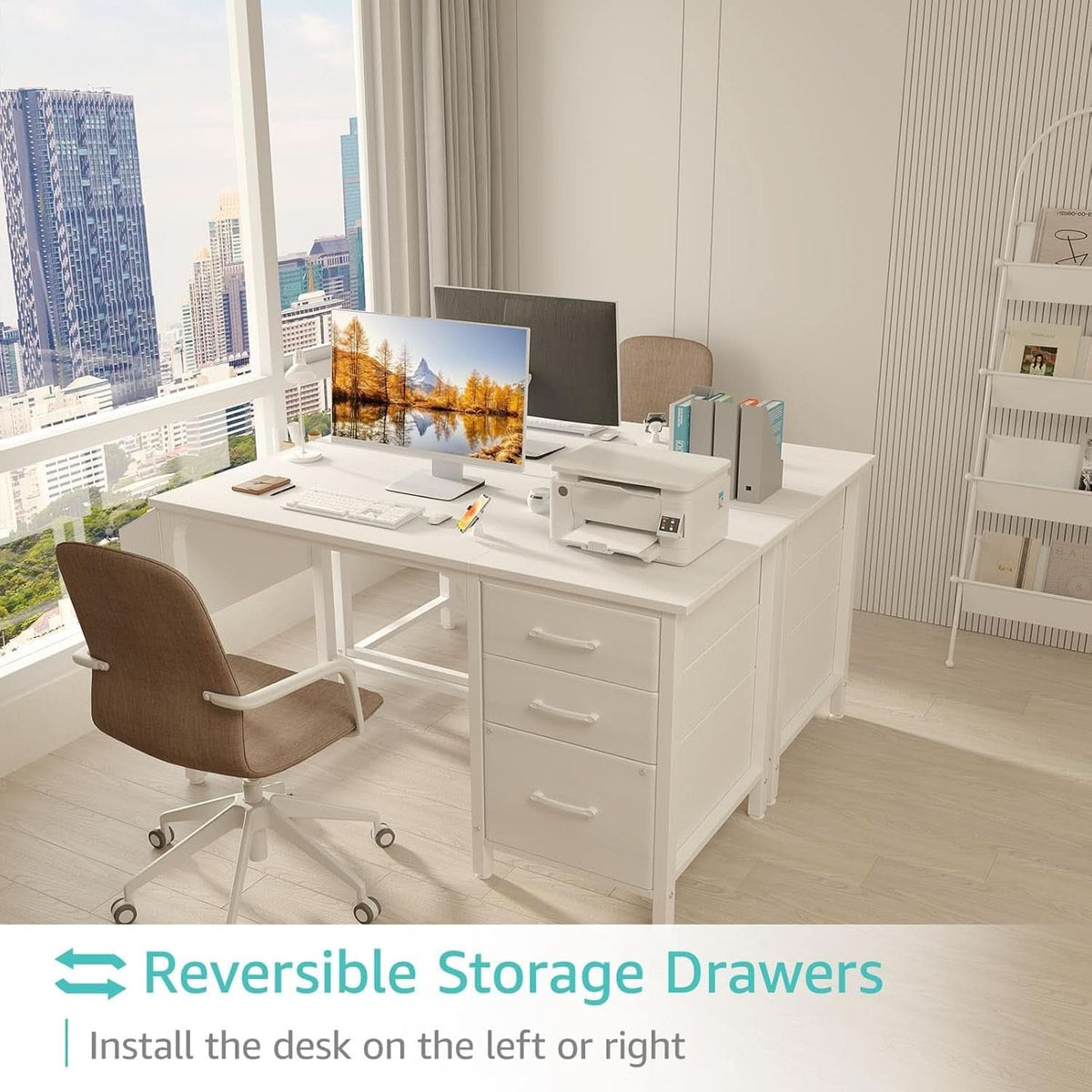 47 Inch White Computer Desk With Fabric File Drawers