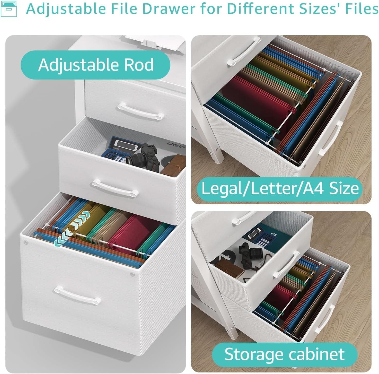 47 Inch White Computer Desk With Fabric File Drawers