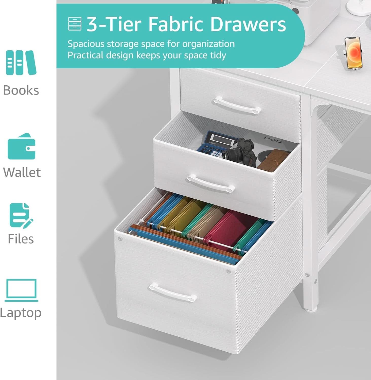 47 Inch White Computer Desk With Fabric File Drawers