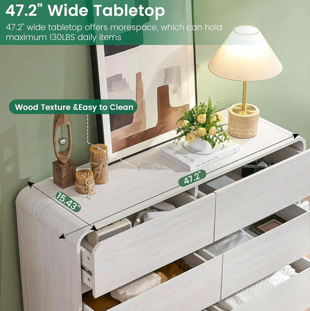 47 Inch White Dresser With Six Drawers Anti Tip Design