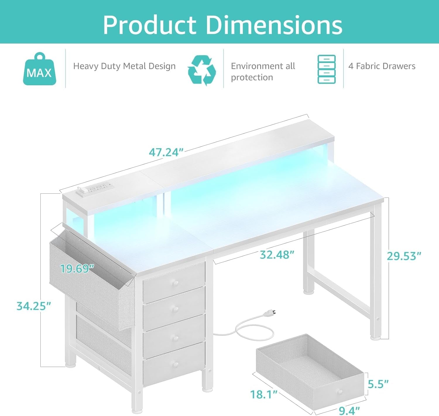 47 Inch White Gaming Desk With LED Lights And Power Outlets