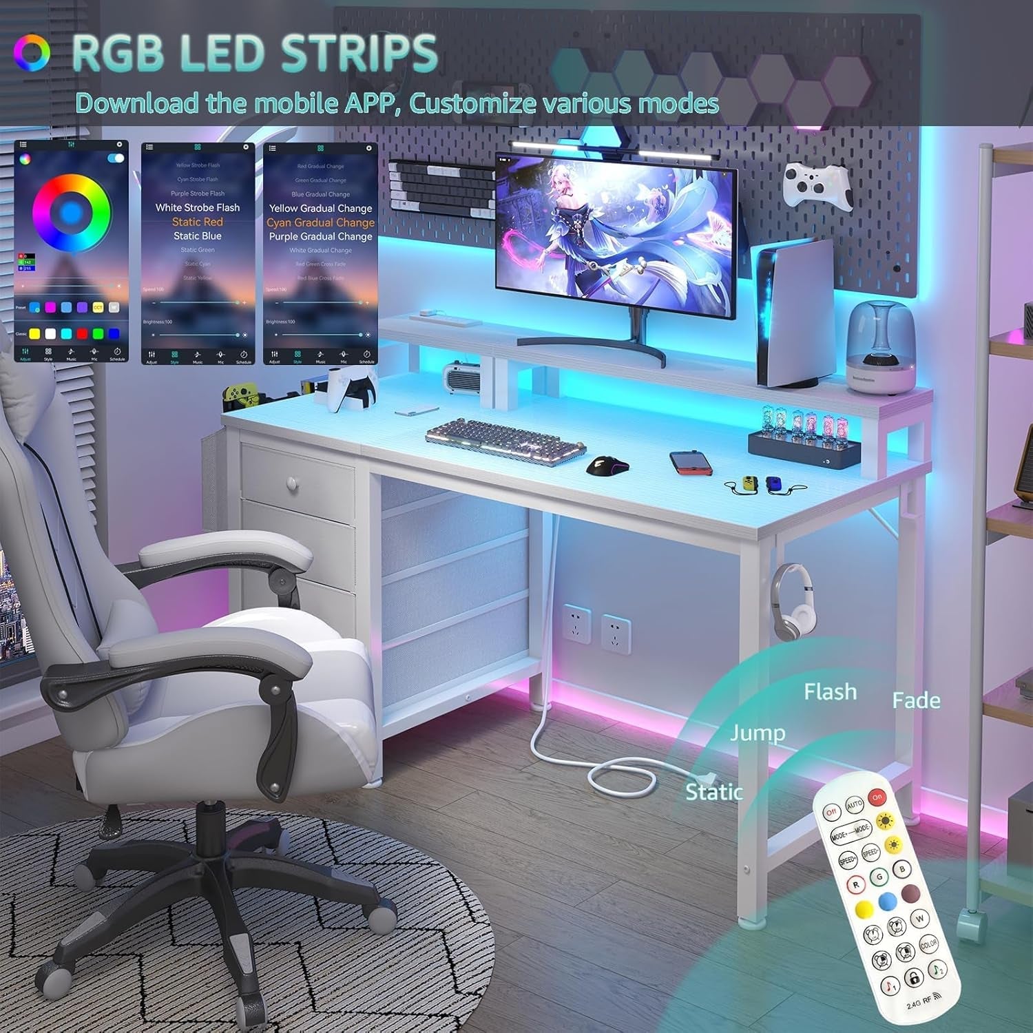 47 Inch White Gaming Desk With LED Lights And Power Outlets