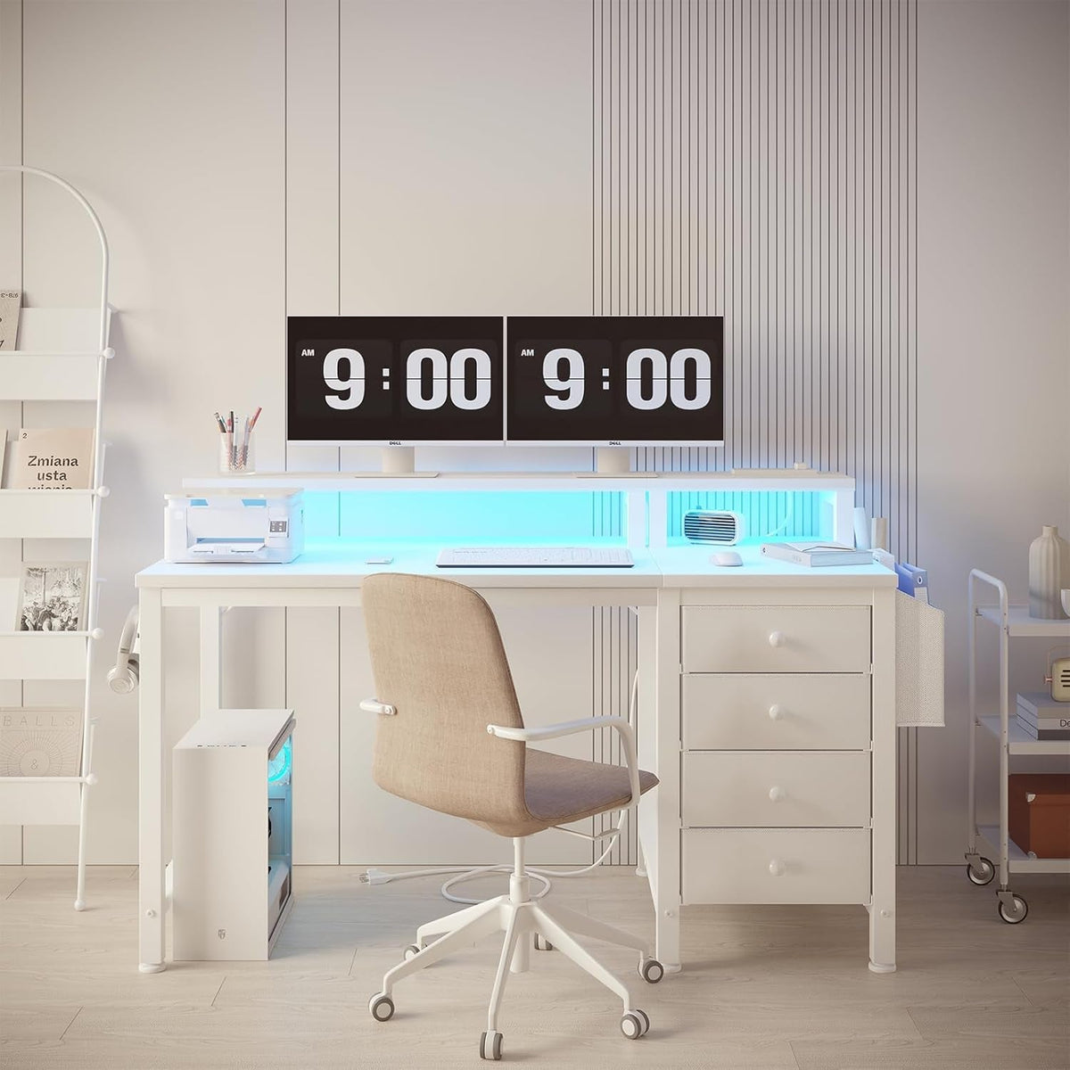47 Inch White Gaming Desk With LED Lights And Power Outlets