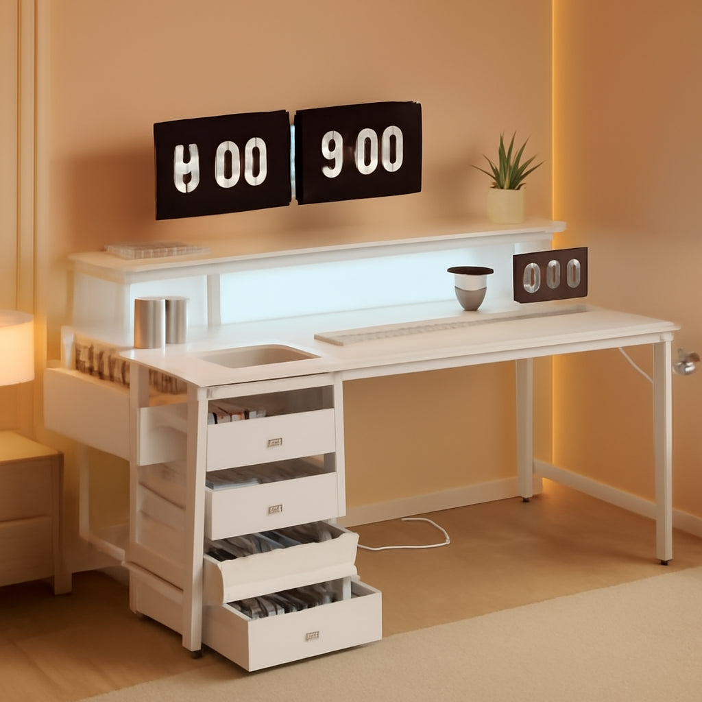 47 Inch White Gaming Desk With LED Lights And Power Outlets