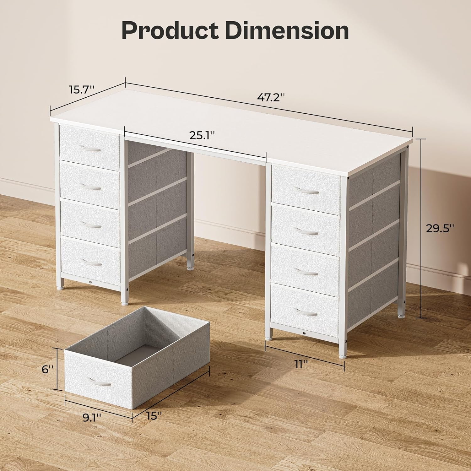 47 Inch White Vanity Desk With 8 Fabric Drawers And Storage